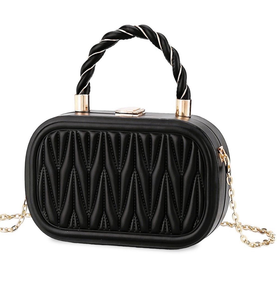 Women’s Black Quilted Small Rectangle Clutch Top Handle Gold Chain Clasp