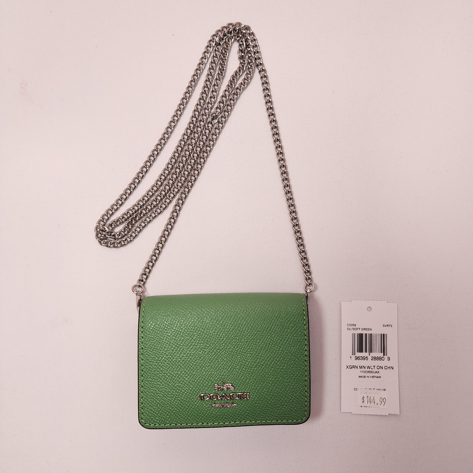 NWTCoach C0059 Mini Wallet On a Chain Soft Green Metallic Crossgrain Leather