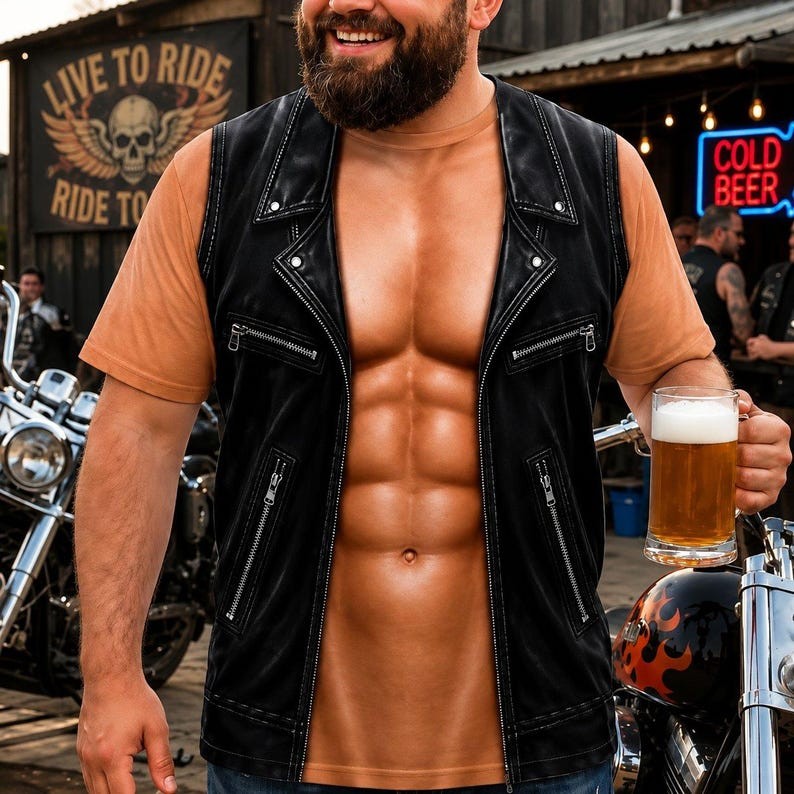 Funny Biker Vest Illusion T-Shirt, 3D Muscle Motorcycle Graphic Tee for Men