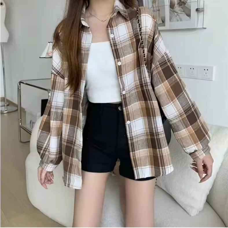 Womens Oversized Plaid Flannel Shirt Long Sleeve Button Down Check Blouse Top