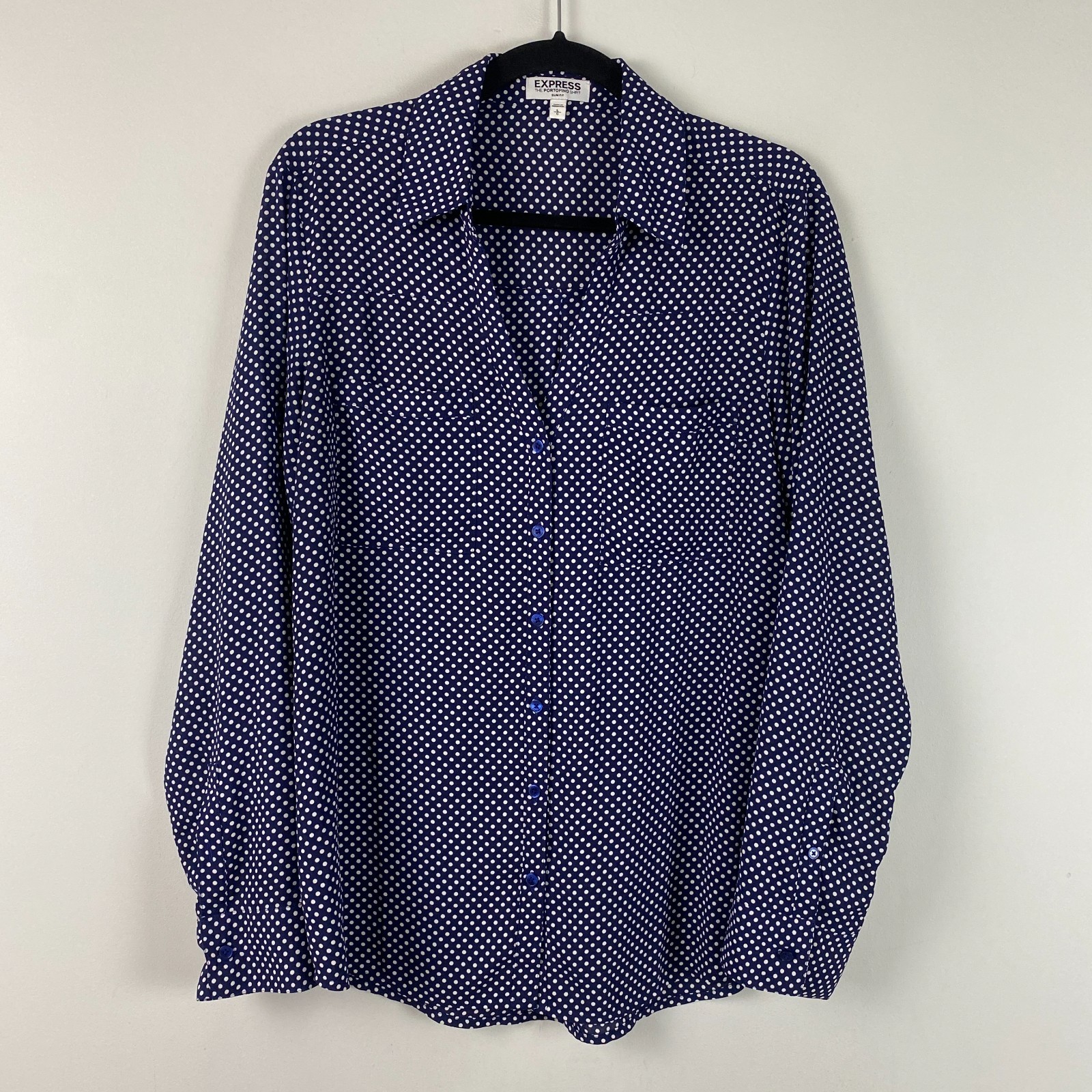 Express Portofino Button Up Shirt Size Large Slim Fit Navy Blue White Polka Dot