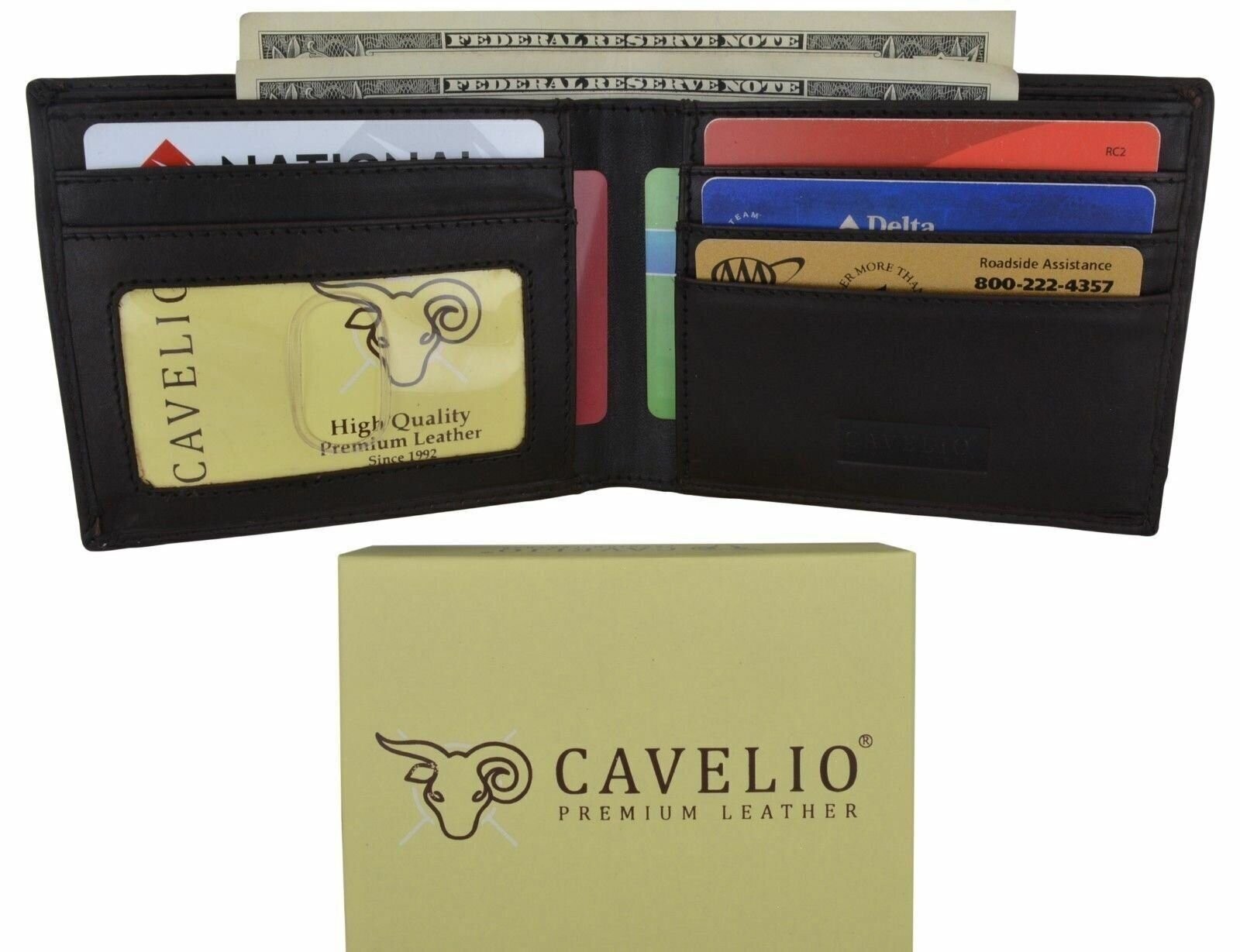 Mens Slim Brown Bifold Premium Leather Card/ID Holder Wallet by Cavelio Gift Box