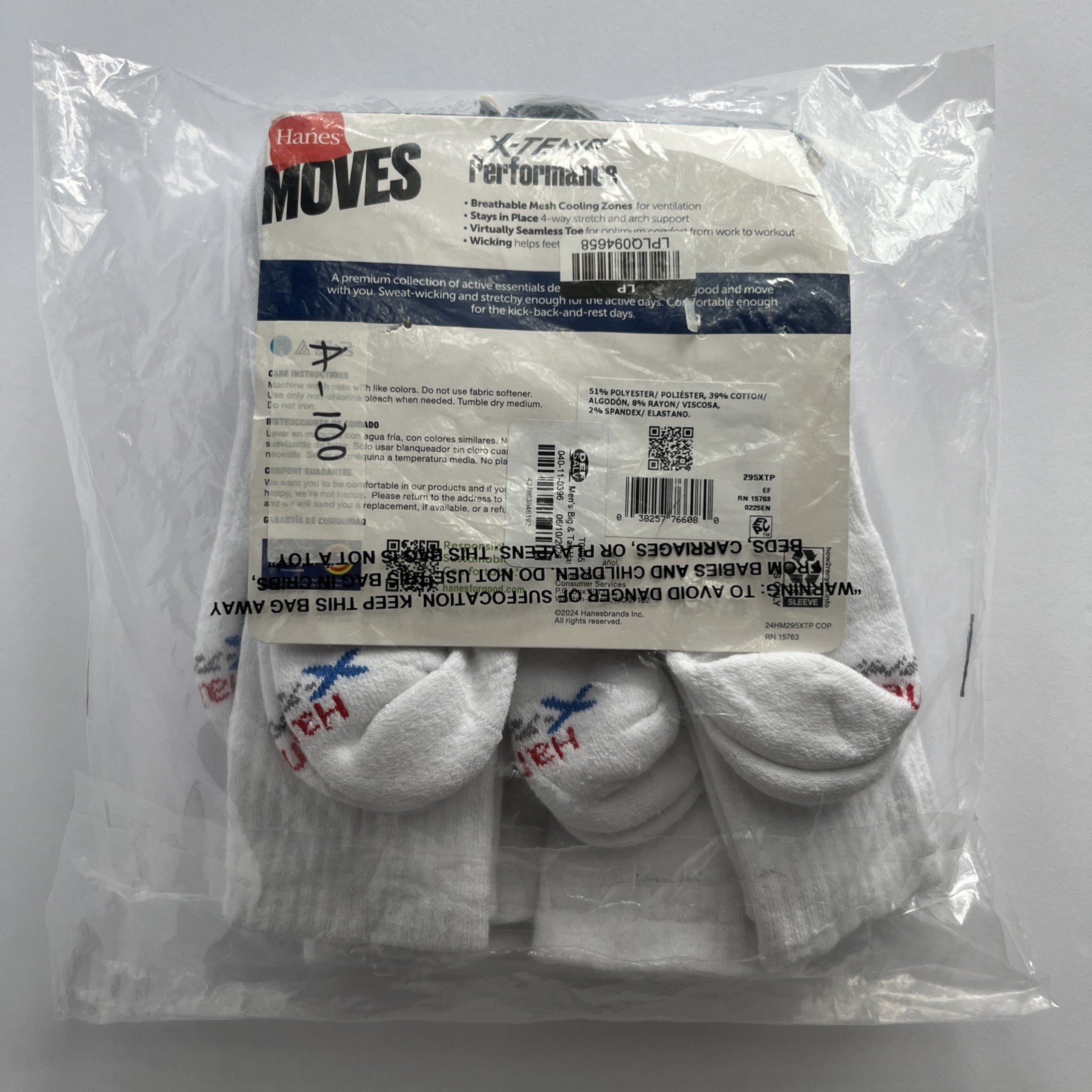NWT Hanes Men’s X-Temp Performance Crew Socks White 6 Pairs 12-14 size