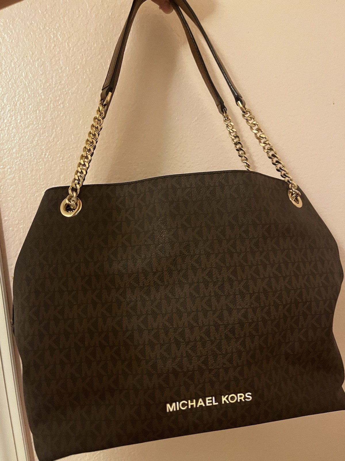 Michael Kors Brown MK Monogram Large Shoulder Bag Gold Chain Detachable Strap