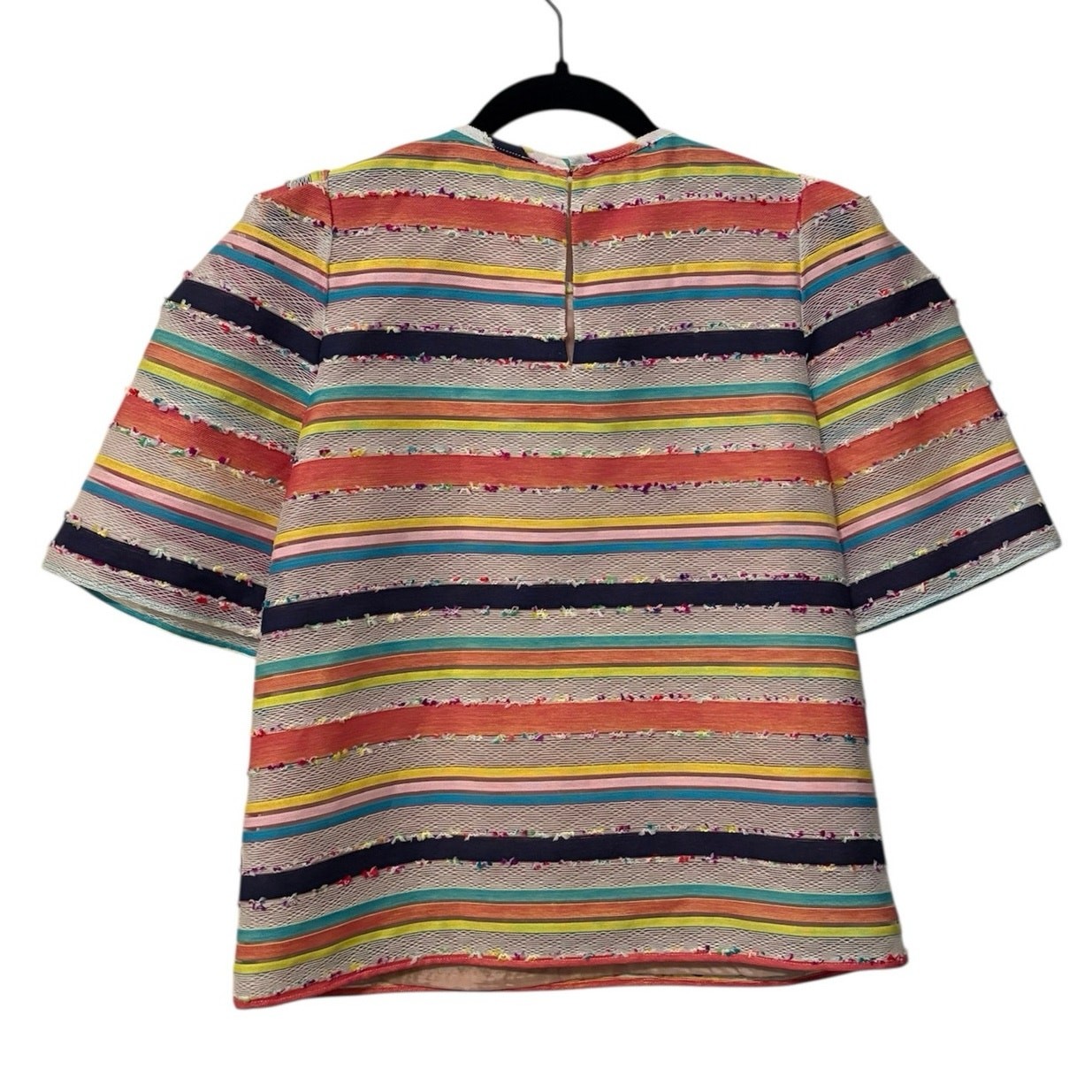 Ann Mashburn White Pink Multi Color Striped Poplin Puff Blouse Top Size Small