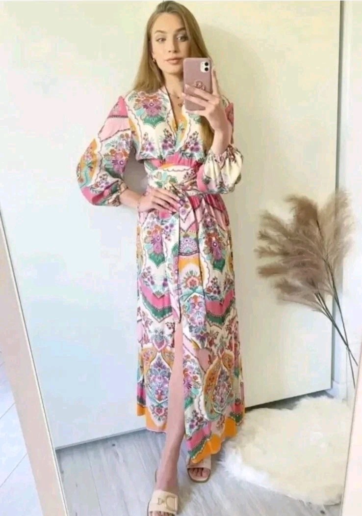 Zara Oriental Print Midi Kimono Wrap Summer Dress Size M Medium 10 12 NEW BNWT