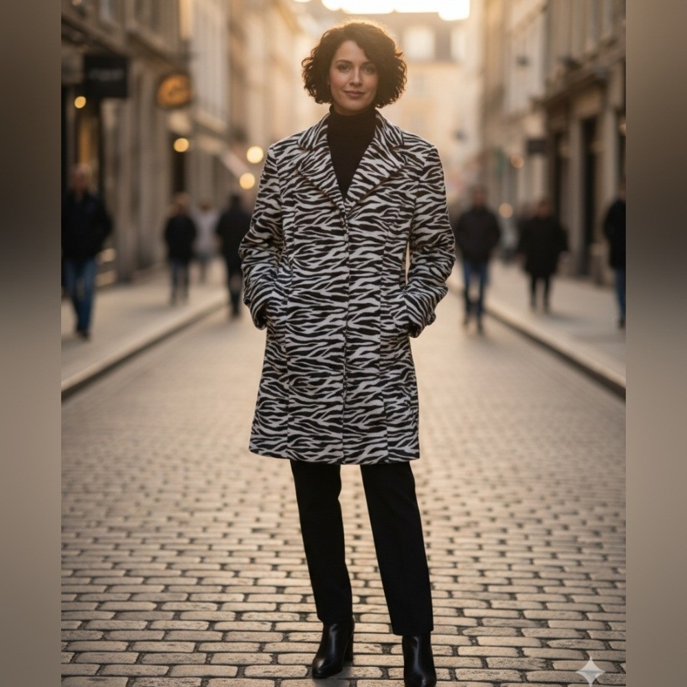 Zebra Print Long Trench Coat New LG Mob Wife Maximalists Funky Edgy Button Front