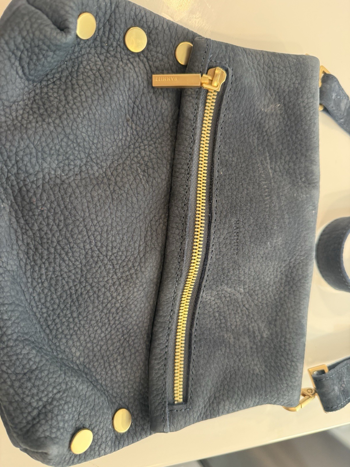 HAMMITT Blue Pebbled Crossbody Bag Zip Closure Gold Hardware Studded Accents