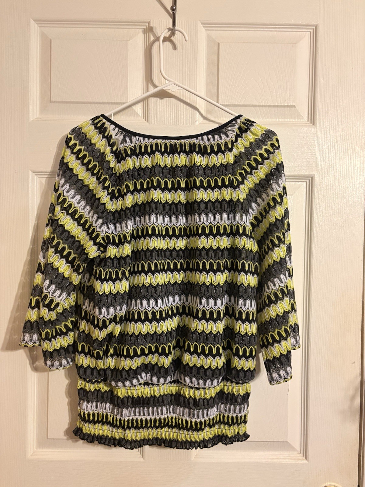 Cato Sheer Chiffon Striped Tie-Neck Blouse Womens L 3/4 Sleeve Black Yellow