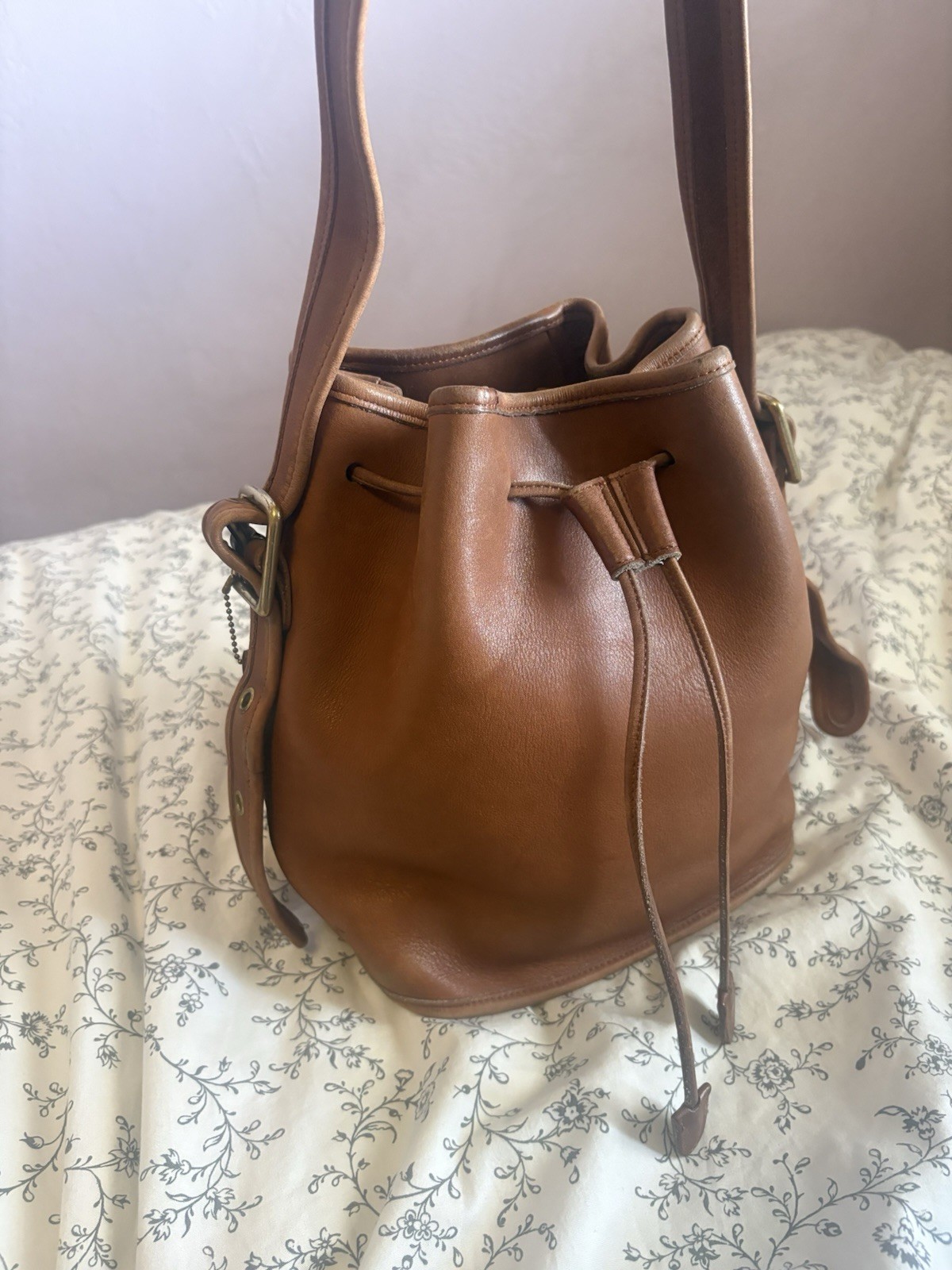 Coach Brown Bucket Drawstring Shoulder Bag Adjustable Strap Buckle Accent
