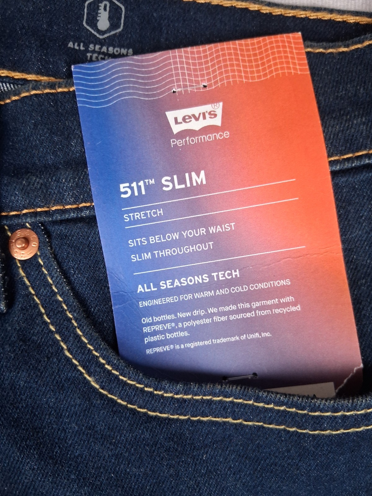 Levi’s 511 Slim Jeans Mens 32×32 Fit Blue All Seasons Tech Stretch Dark Wash NEW