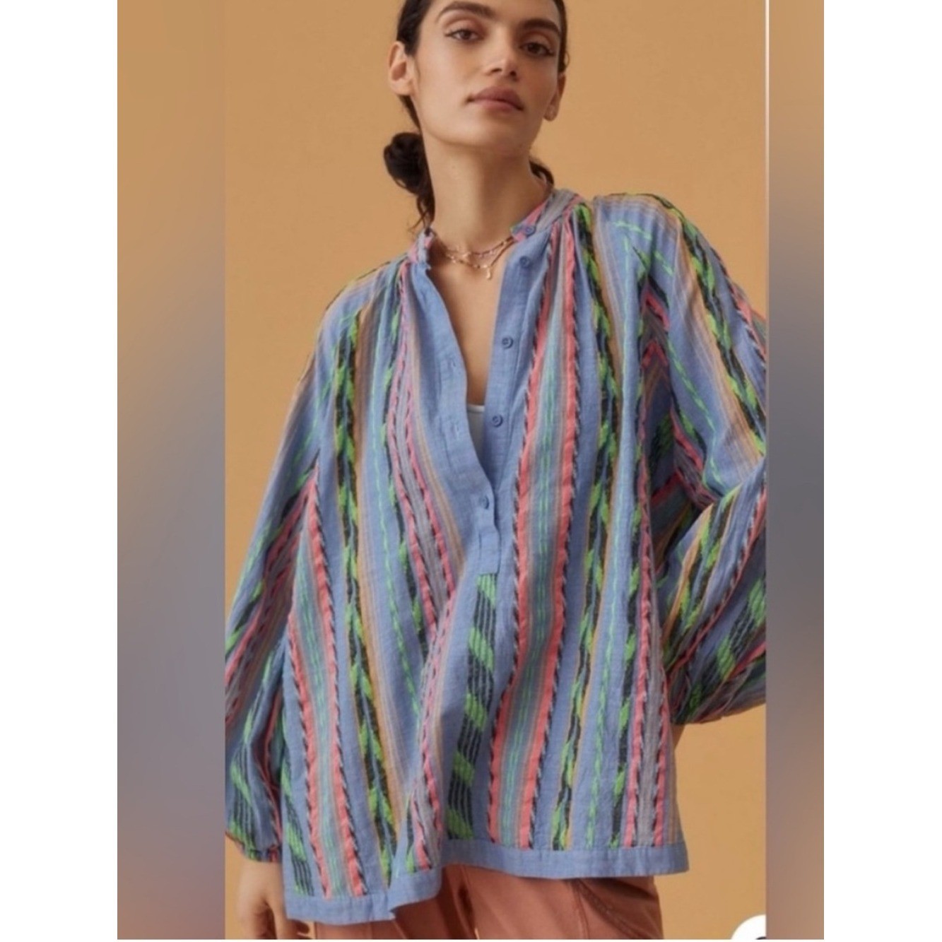 Anthropologie Devotion TWINS Opalios Blue Multicolor Neon Cotton Blouse