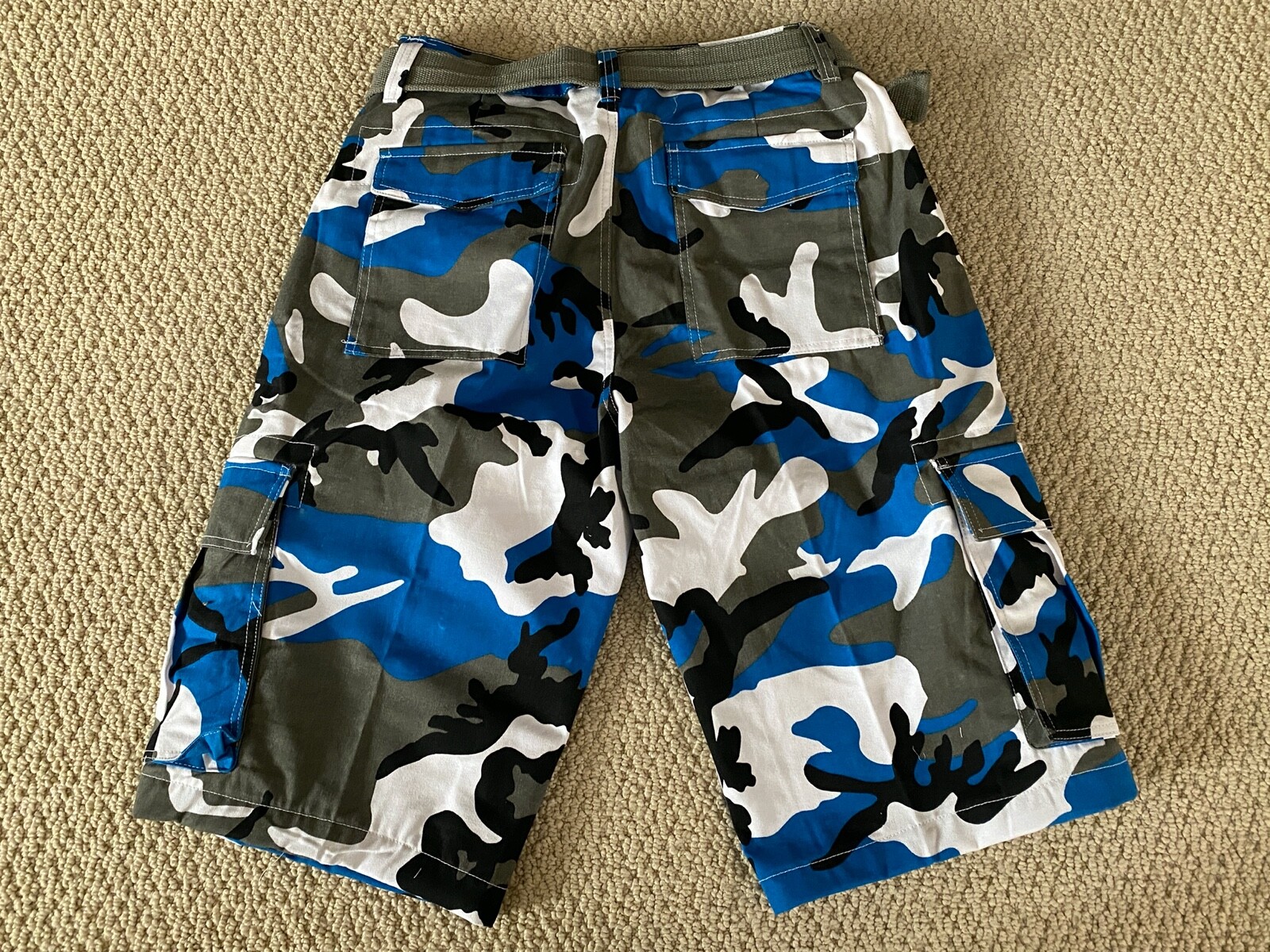 NWT Men’s Nathan Blue Gray Camouflage Camo Belted Cargo Pocket Shorts ALL SIZES