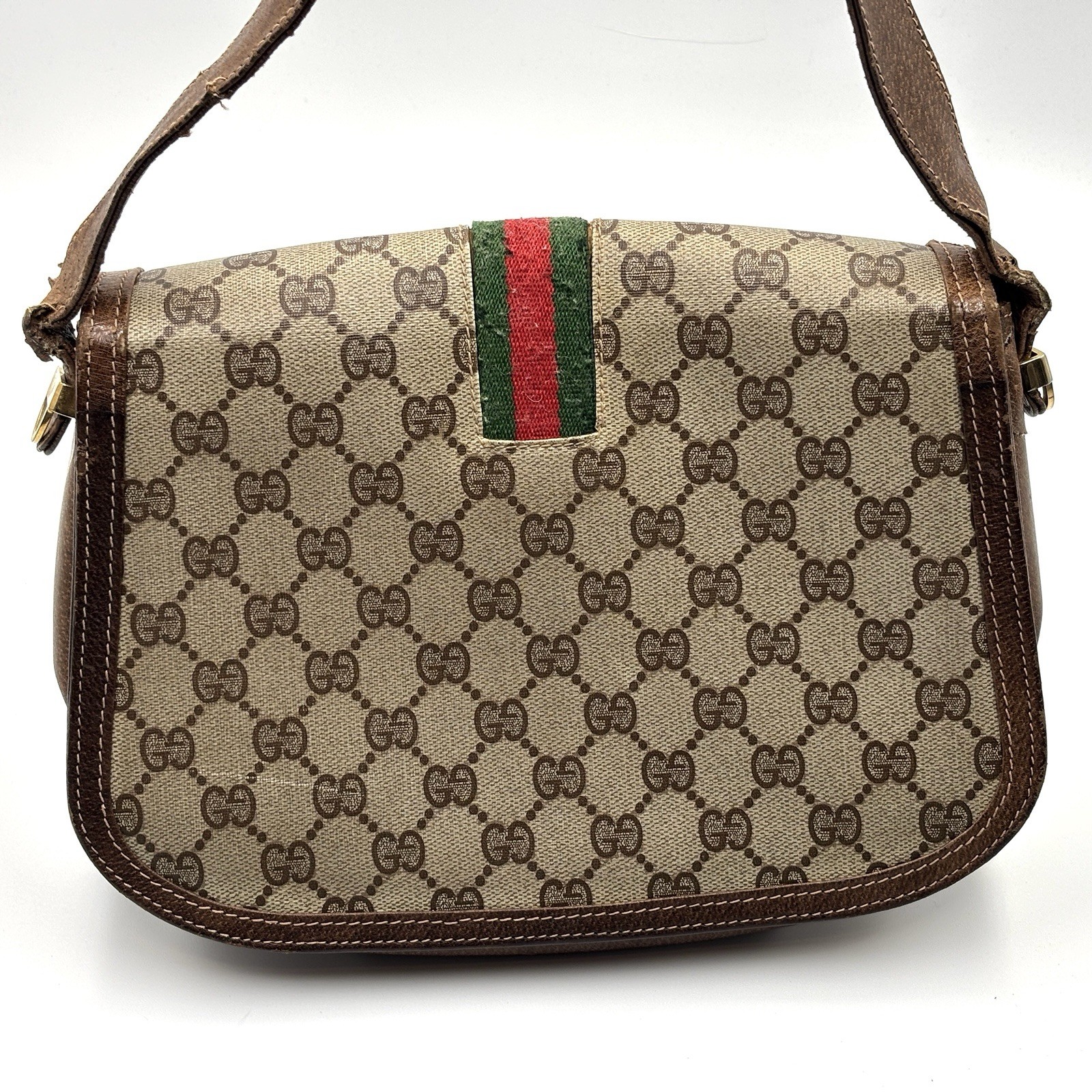 Vintage Gucci Shoulder Bag purse Sherry GG Supreme PVC Leather Brown Authentic