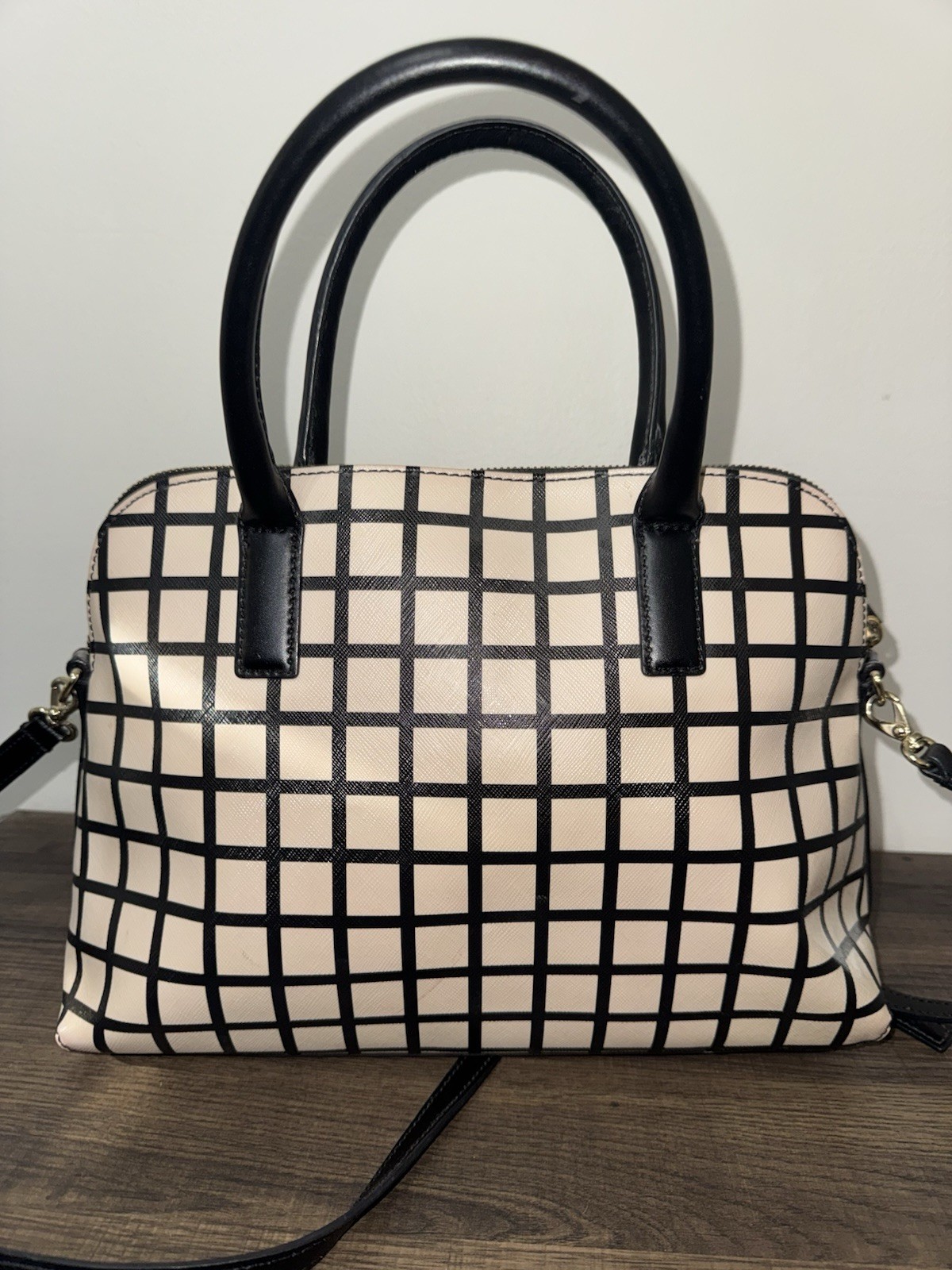 kate spade new york Cream Black Checkered Satchel Zip Detachable Strap Charm