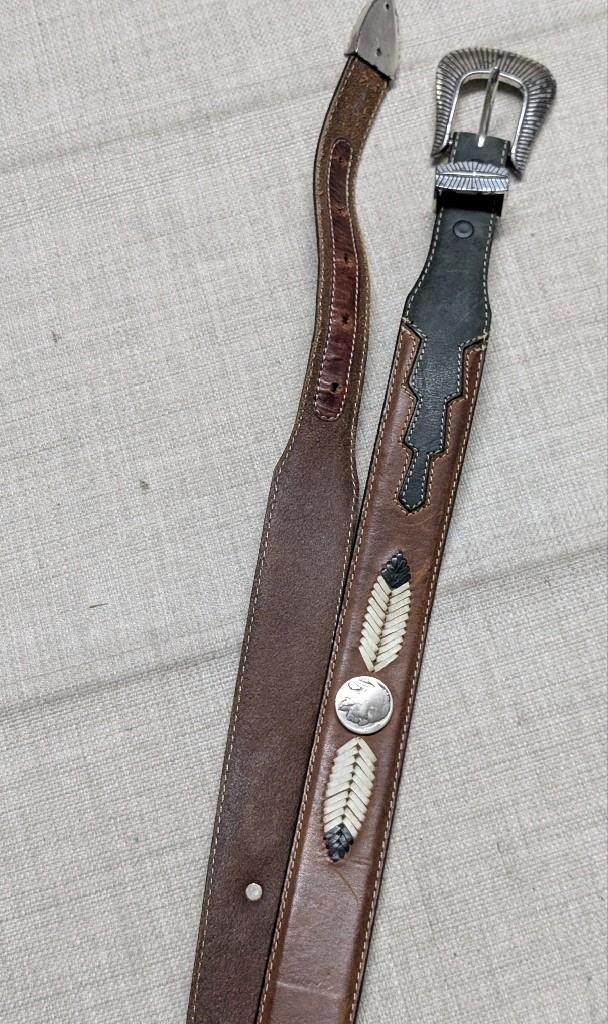 vintage NATIVE AMERICAN buckle belt 38 leather INDIAN HEAD buffalo nickel CONCHO
