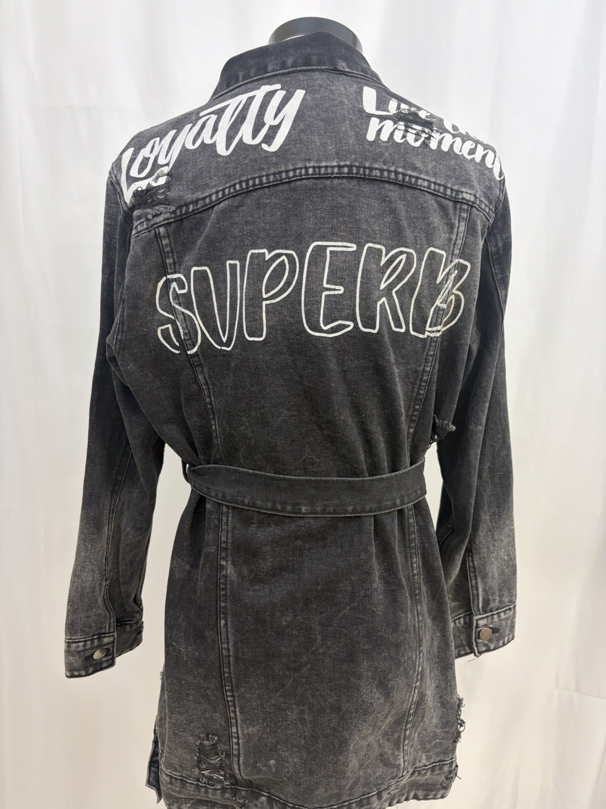 American Bazi Black Distressed Denim Jacket Dress Size M Belted Good Times
