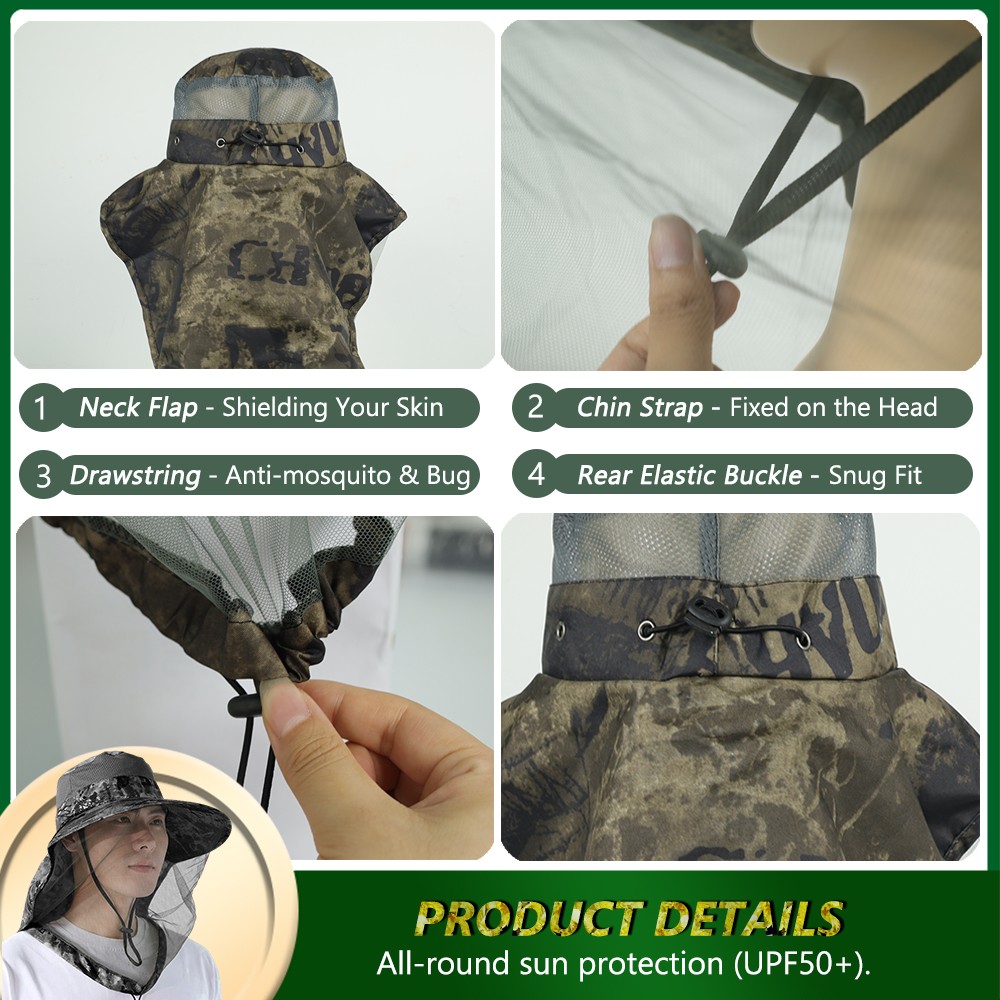 Mosquito Head Net Hat with Neck Flap Wide Brim Sun Protection Cap Hiking Fishing