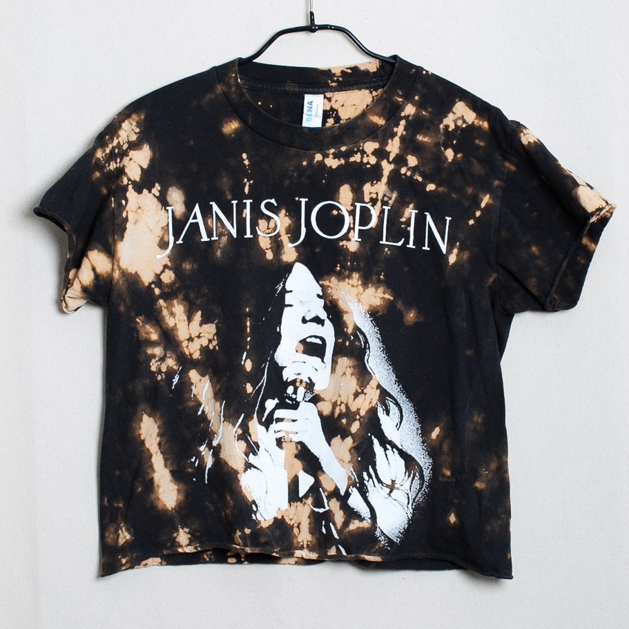 Janis Joplin Hand Bleached Acid Wash Graphic Tee Black Tan Cropped S/M Grunge
