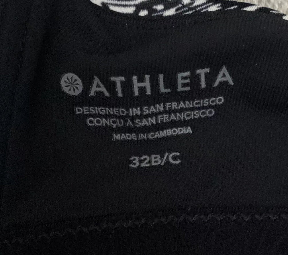 Athleta Sz 32 B/C Bikini Swim Top Black White Print Wide Strap Underwire