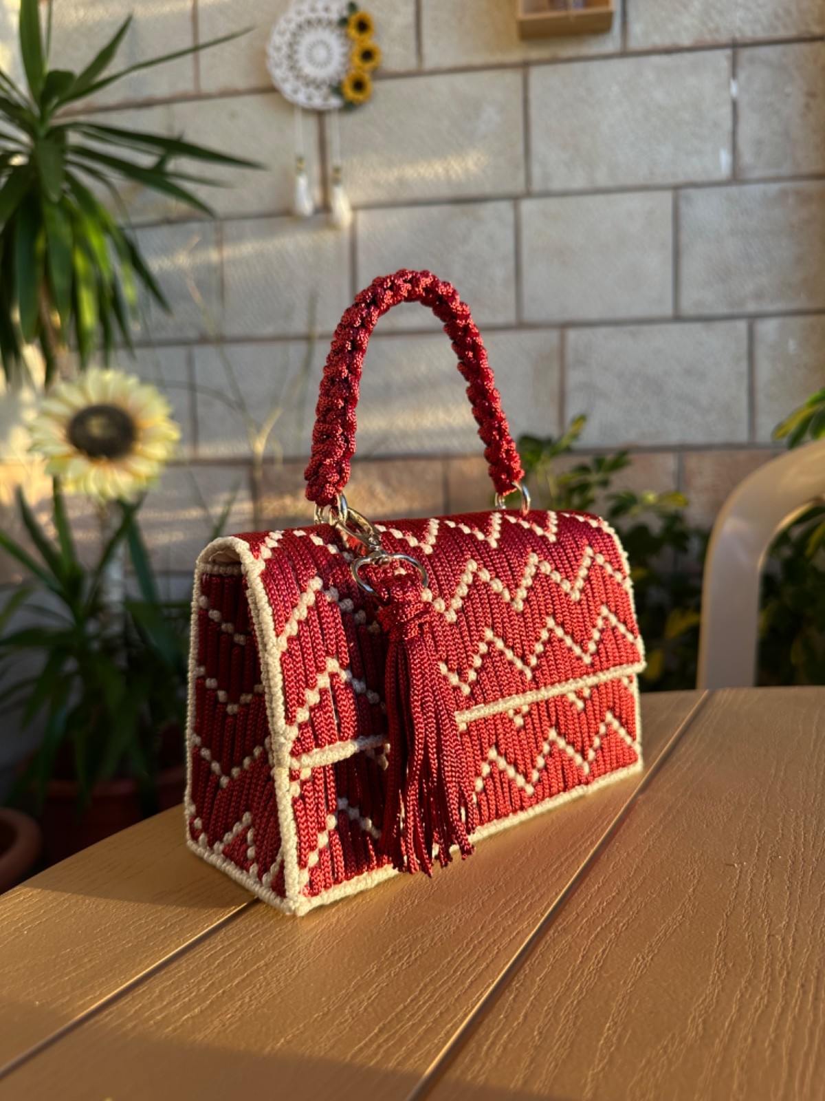 Handmade Macrame Handbag Burgundy & Cream | Artisan Woven Purse | One of a Kind