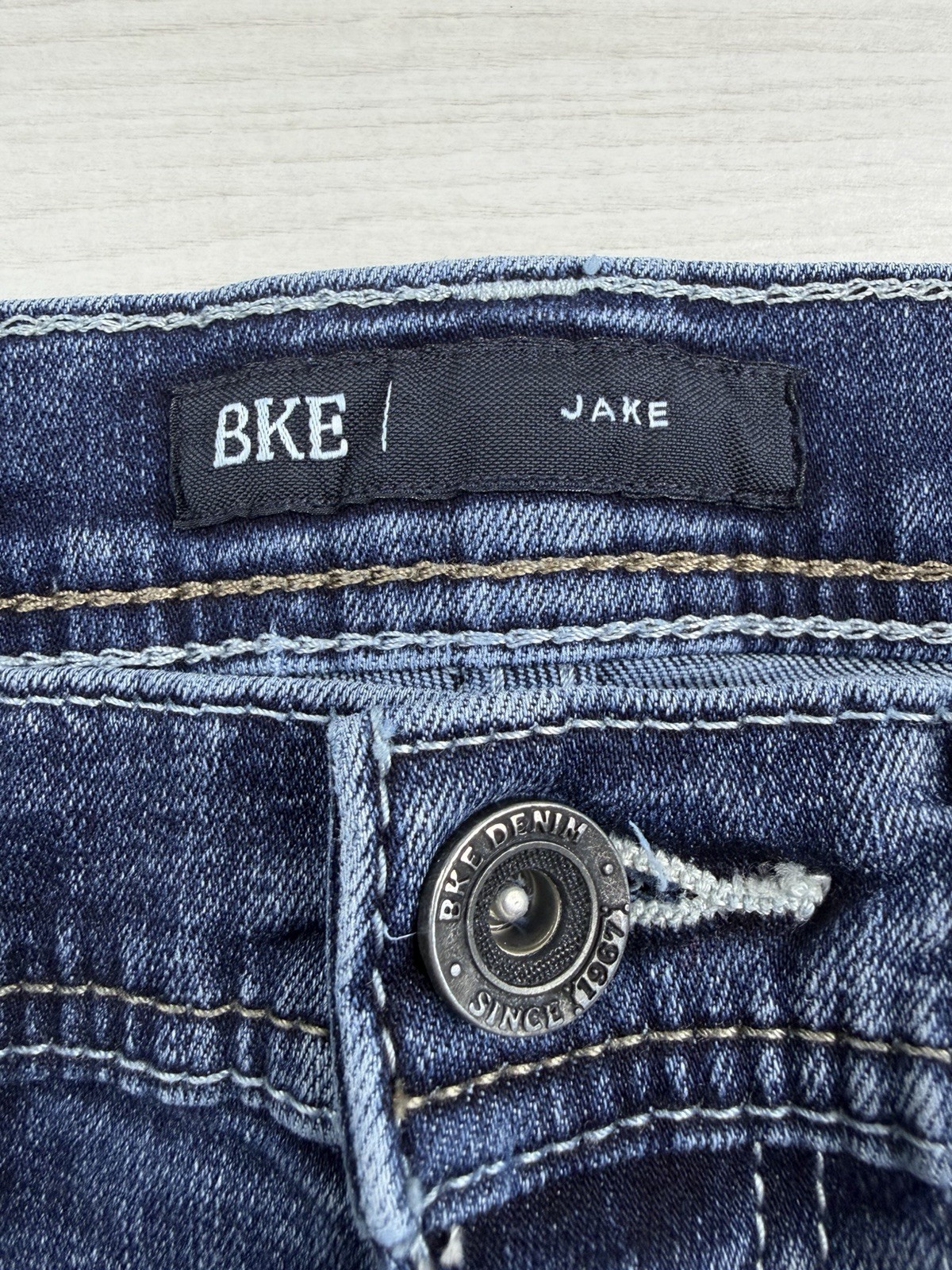 Buckle BKE Jake Bootcut Jeans Dark Wash Stretch Whiskered Denim Mens 31×36 EUC