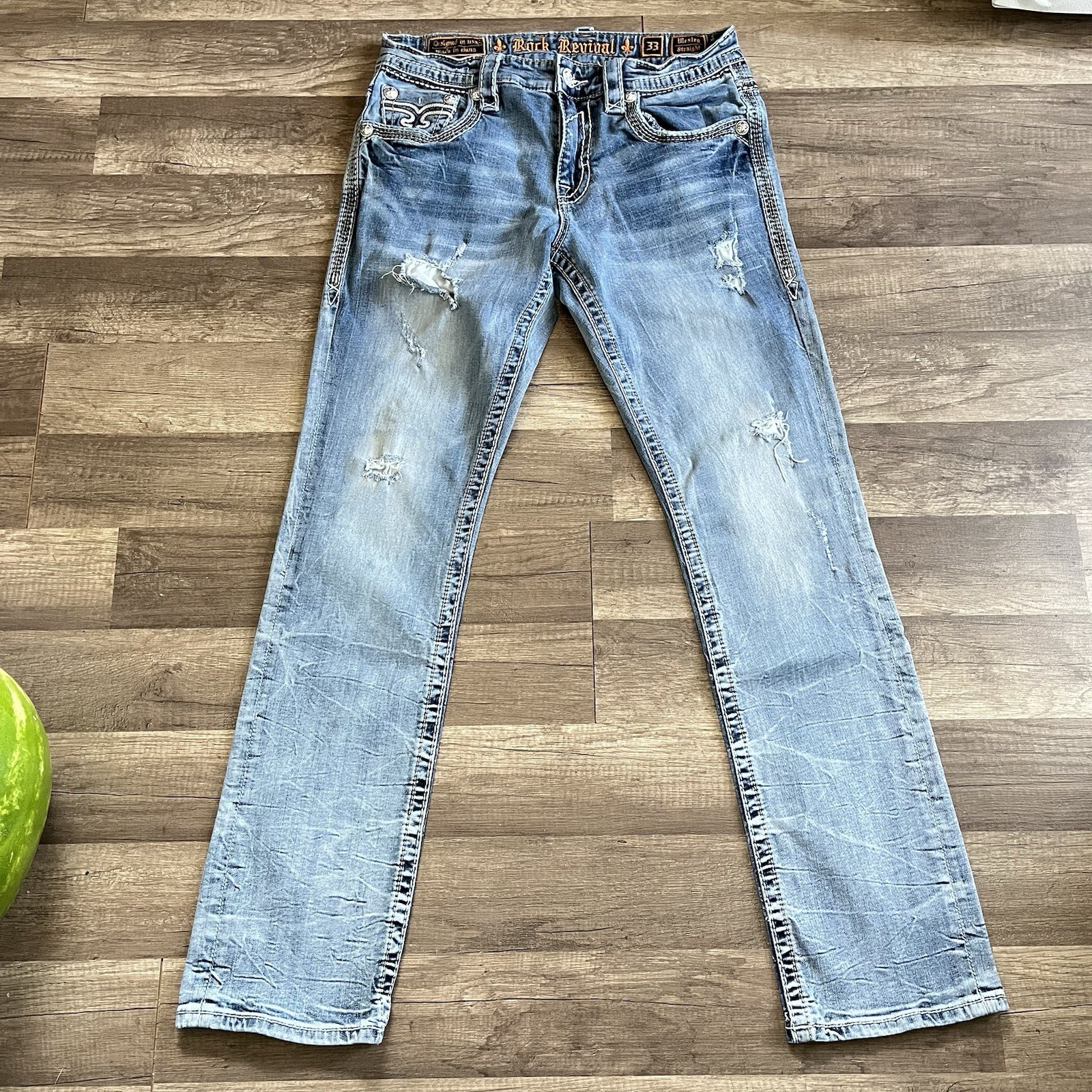 Rock Revival Mens “Wesley” Straight Mens 33×32 (32×32) Light Blue Denim 🔥