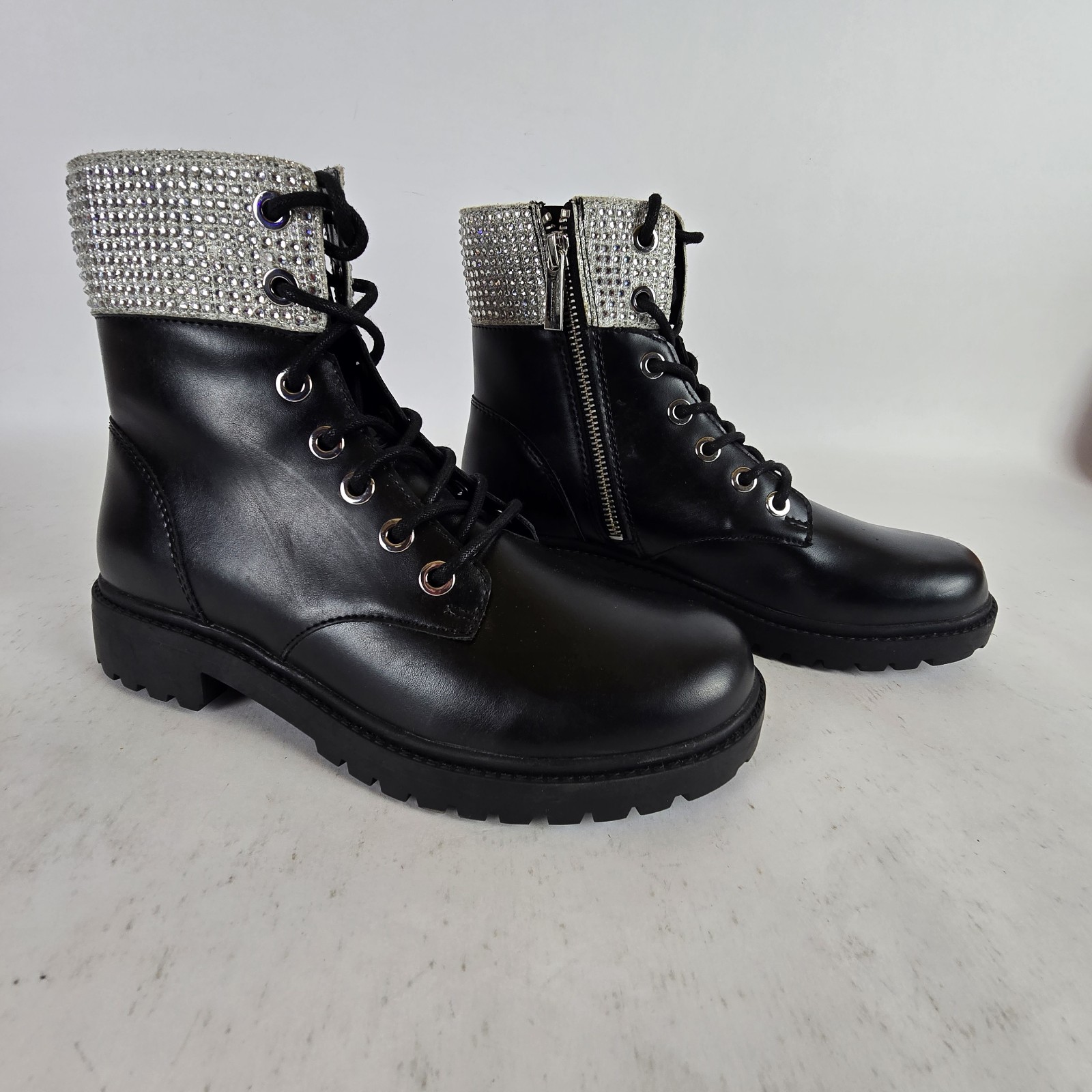 MK Michael Kors Alistair Glitter Combat Boot Black Bling 6M Zipper and Lace Up