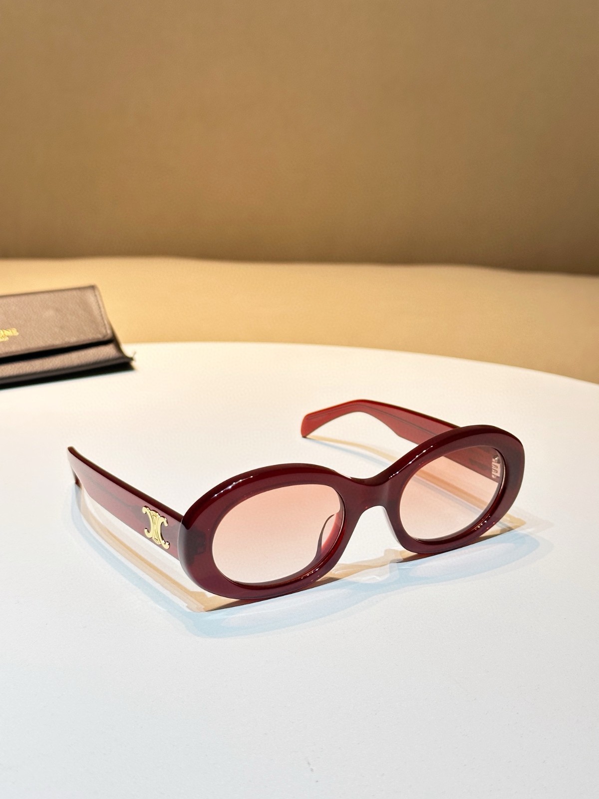 Celine Triomphe Oval Sunglasses Burgundy Red Acetate Gold Logo Designer
