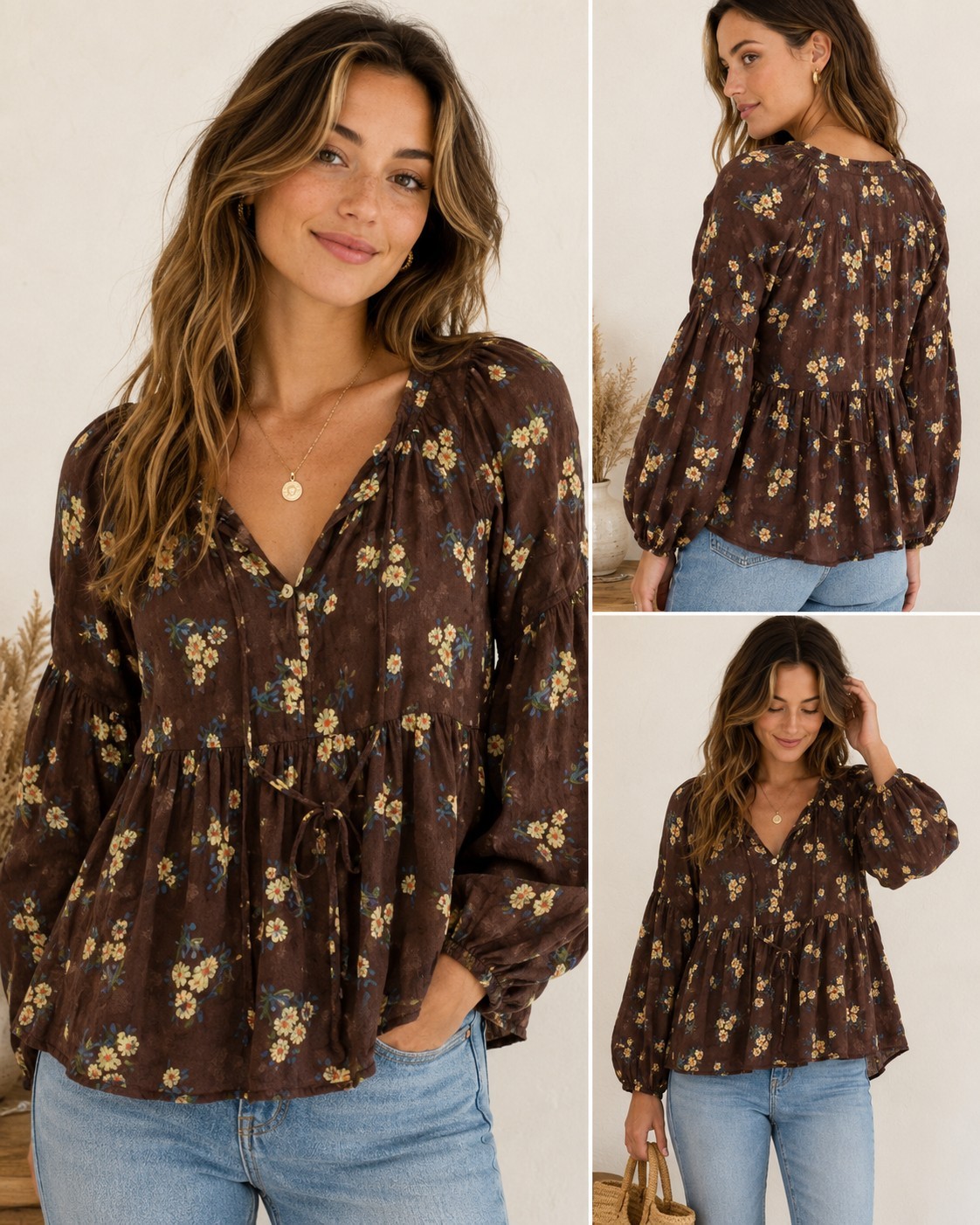 Natural Life Floral Boho Babydoll Top Size S Brown Peasant Puff Sleeve Cottage
