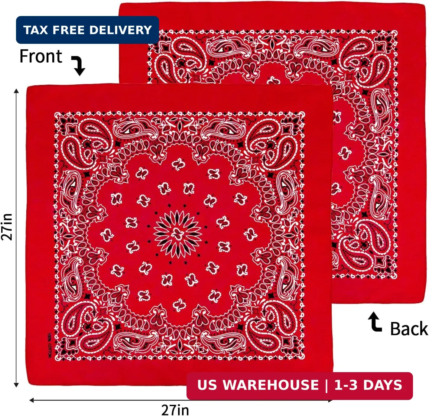 Bycc Bynn Large 27×27 Inch Bandana – 4 Pack 100% Cotton Bandanas for Men & Women