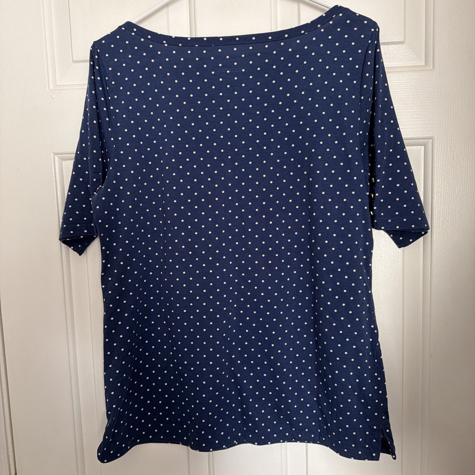 Talbots Women’s Size L Short Sleeve Polkadot Blue & White 100% Pima Cotton ￼￼