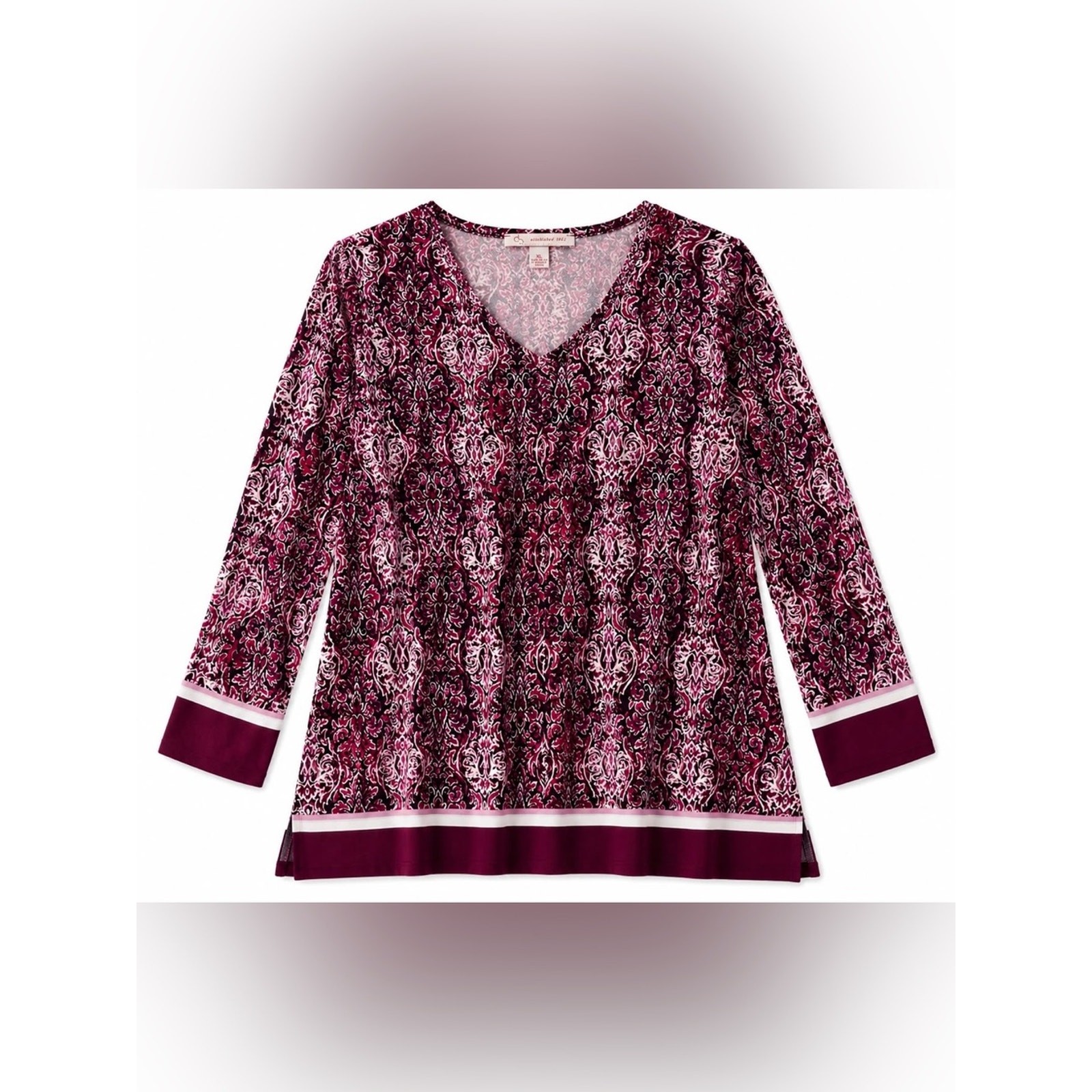 V-Neck Long Sleeve Tunic Top – Burgundy Pink Print
