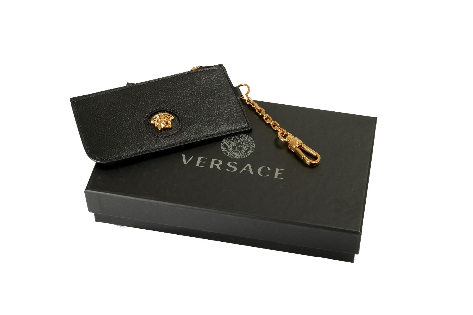Versace Black 100% Textured Leather Gold Medusa Head Card Case Keychain