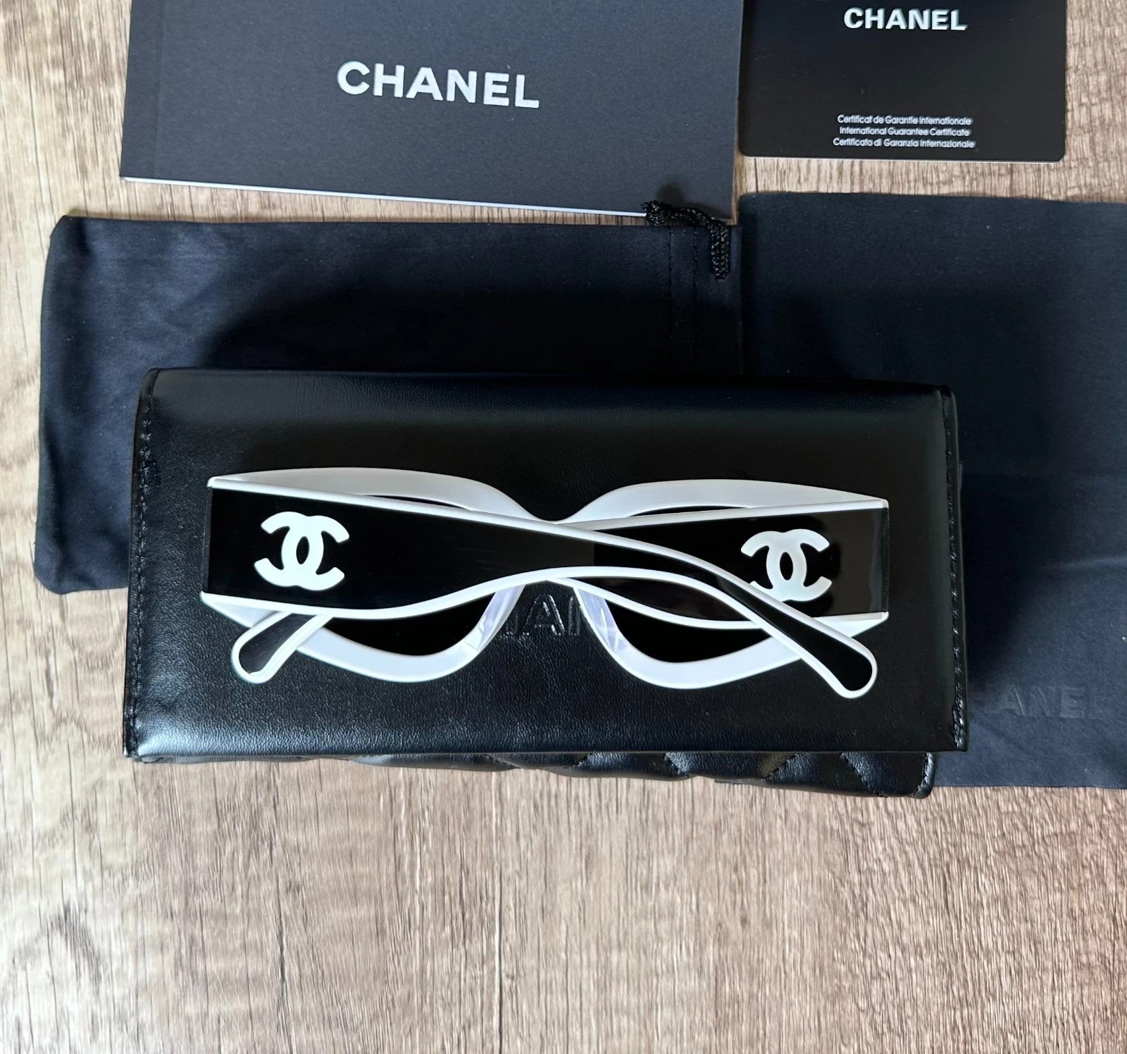 CHANEL SUNGLASSES BLACK WHITE FRAME CLASSIC 6056 CAT EYE WOMEN