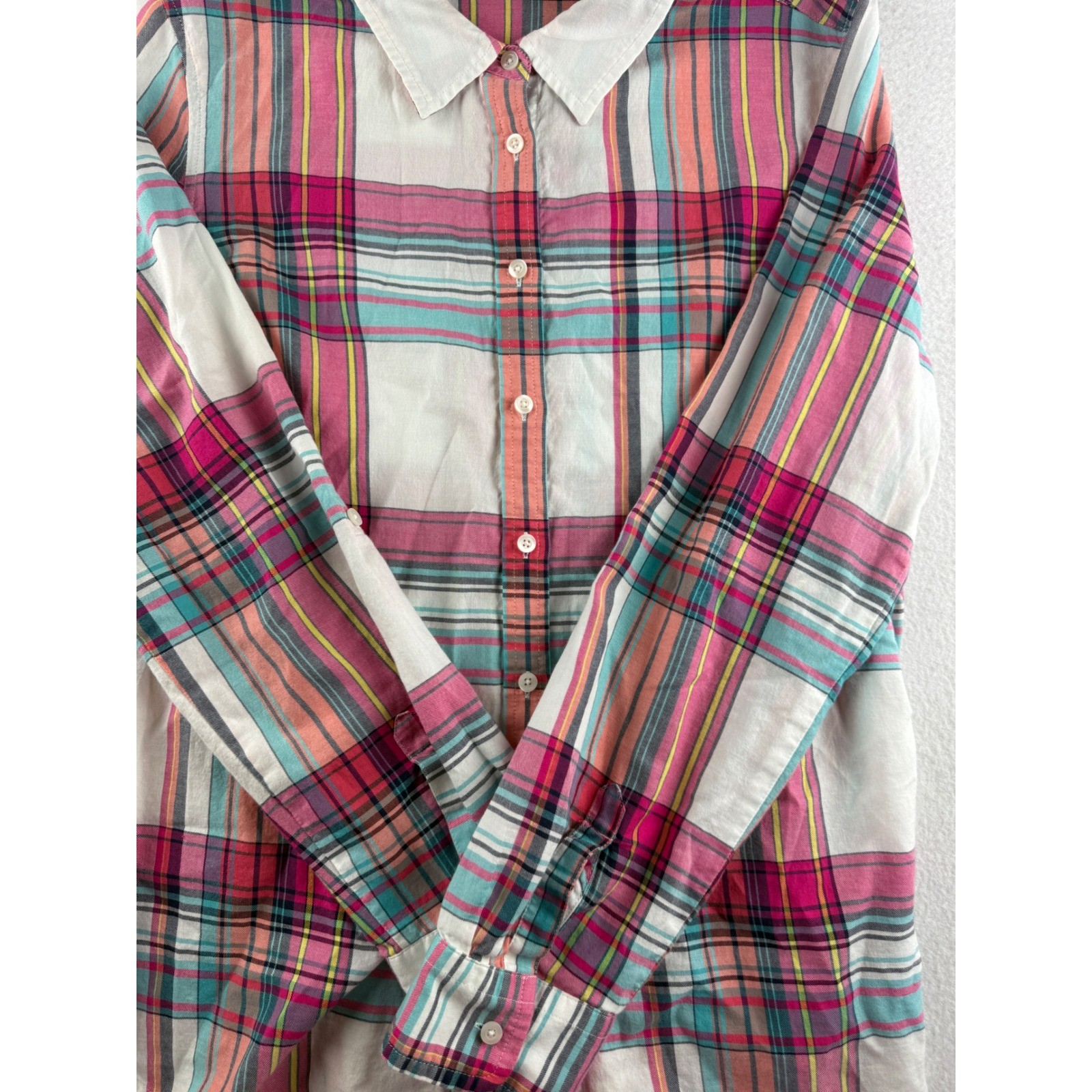 Talbots Womens Pink Teal Plaid Button Down Shirt Roll Tab Sleeve Size M