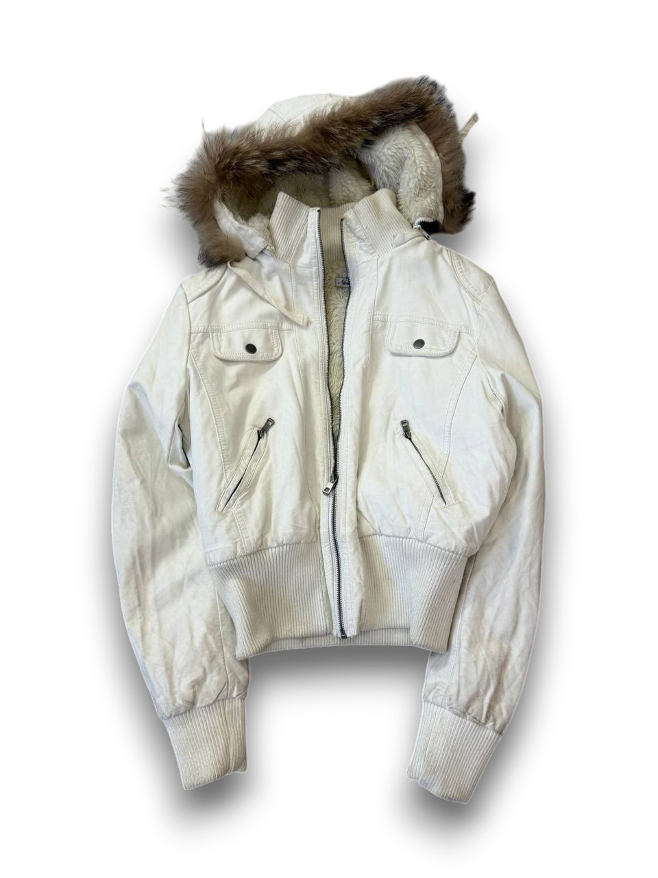 Vintage 90s White Avant-Garde Faux Fur Fell Cropped Leather Y2K Streetwear Jacke