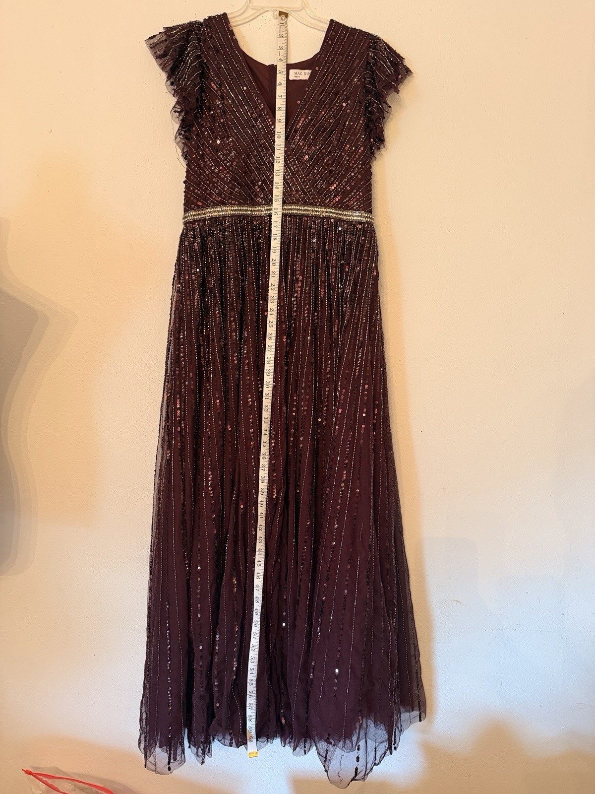 MacDuggal Burgundy Wine Sequin Beaded Flutter Sleeve Evening Gown Dress Sz12 NWT