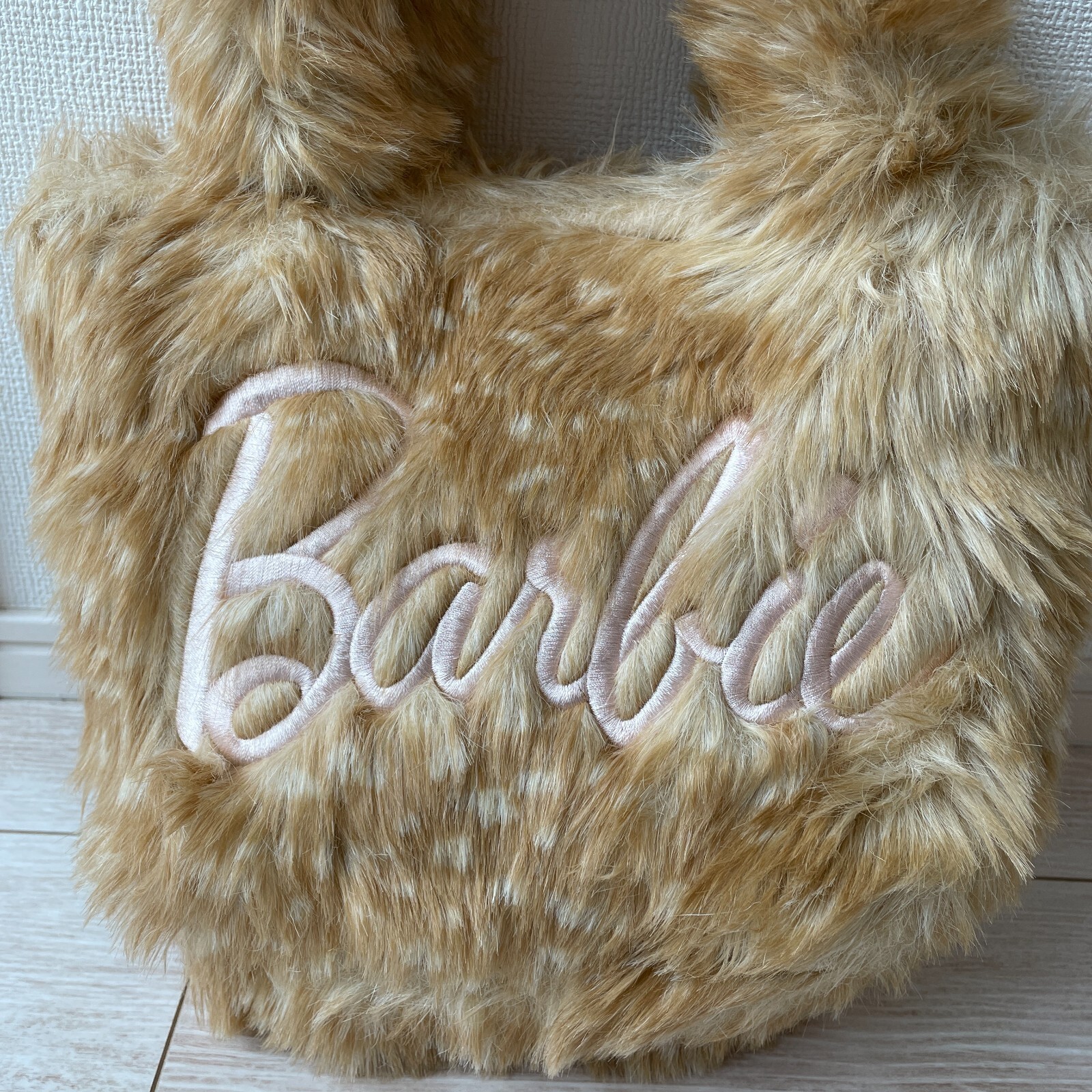 Barbie Faux Fur Hand Bag Iconic Embroidered Wallet Beige W11×H7×D4inch Movie