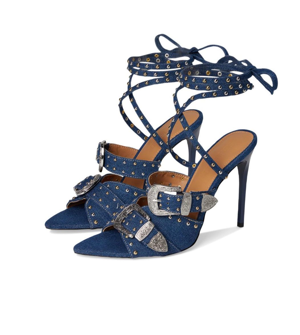 Steve Madden Saddle Denim Western Buckle Wrap High Heels Stiletto Heel – Size 6