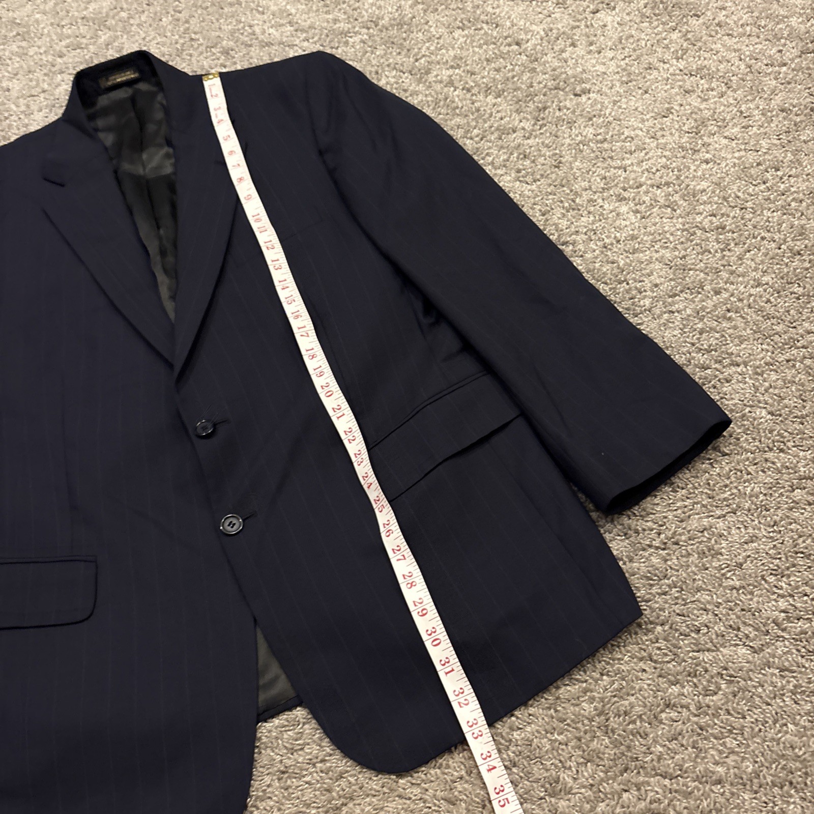 Tom James Mens 42R Pinstripe 2 Piece Suit Blue Corporate Image Pleated 36×32