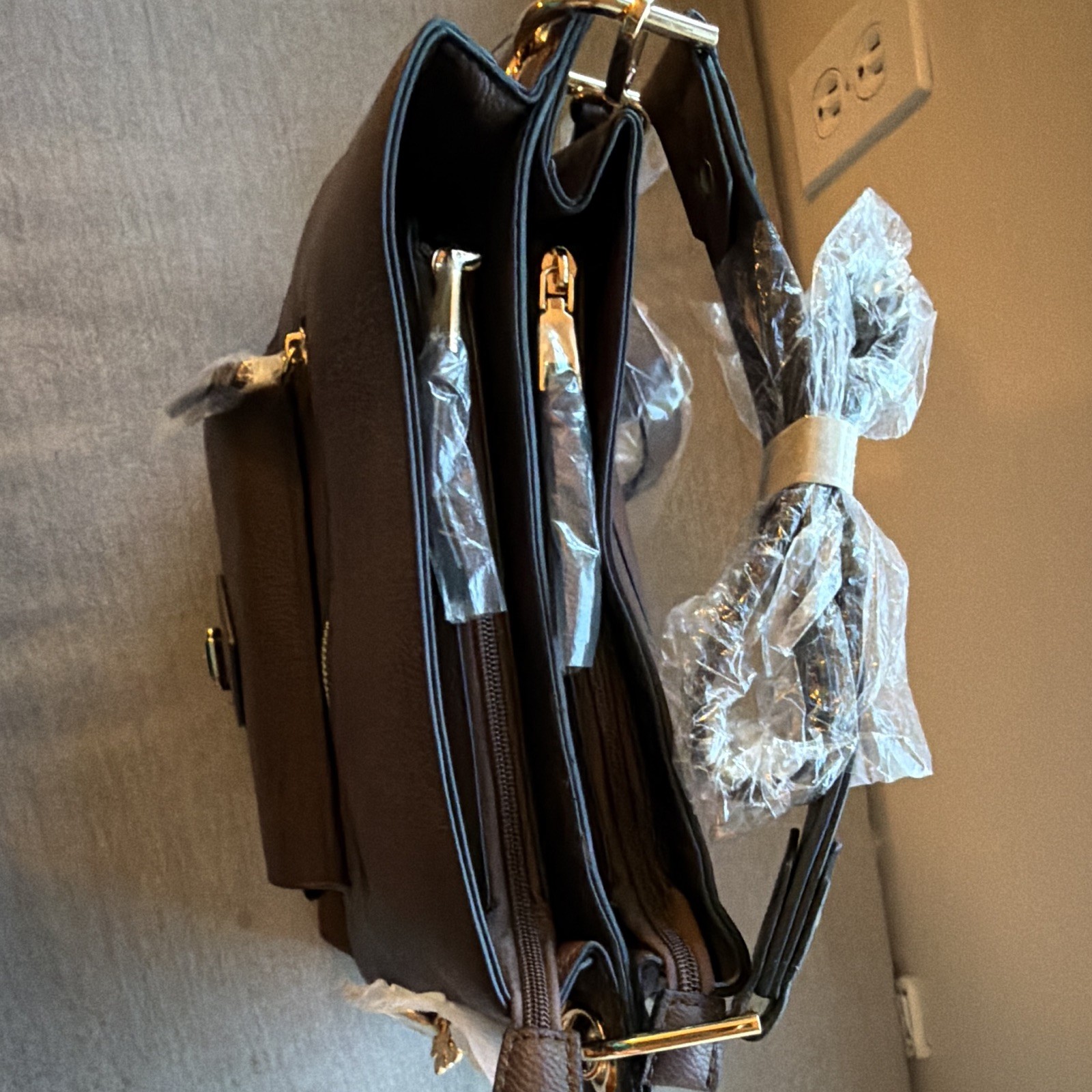 MKF Brown Medium Satchel Zip Top Handle, Detachable Strap, Charm & Dust Bag.