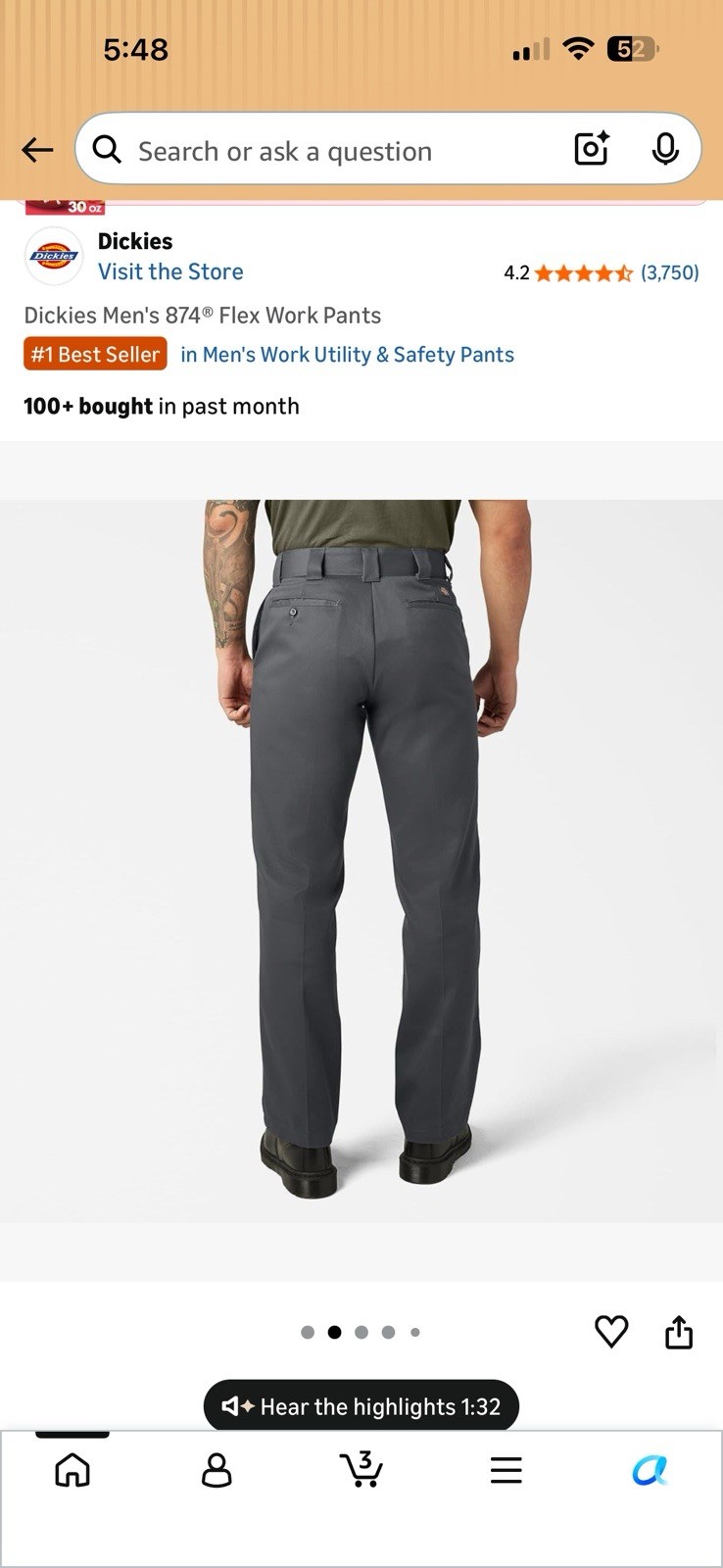 Dickies Men’s 874 Pants Original Fit Uniform Straight Leg Charcoal NWT 36×30