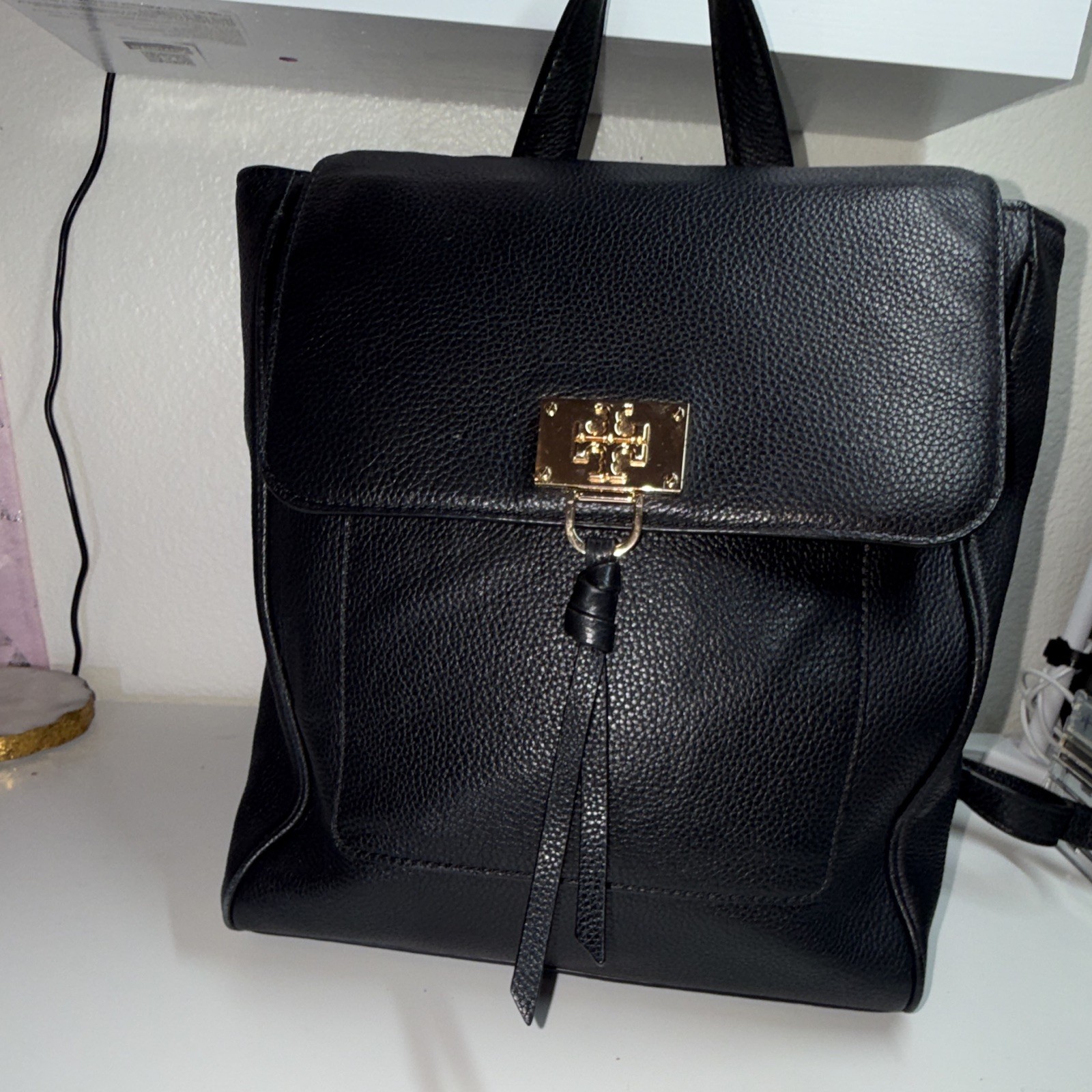 Tory Burch Black Pebbled Backpack Clasp Gold Hardware Logo Tassel Adjustable