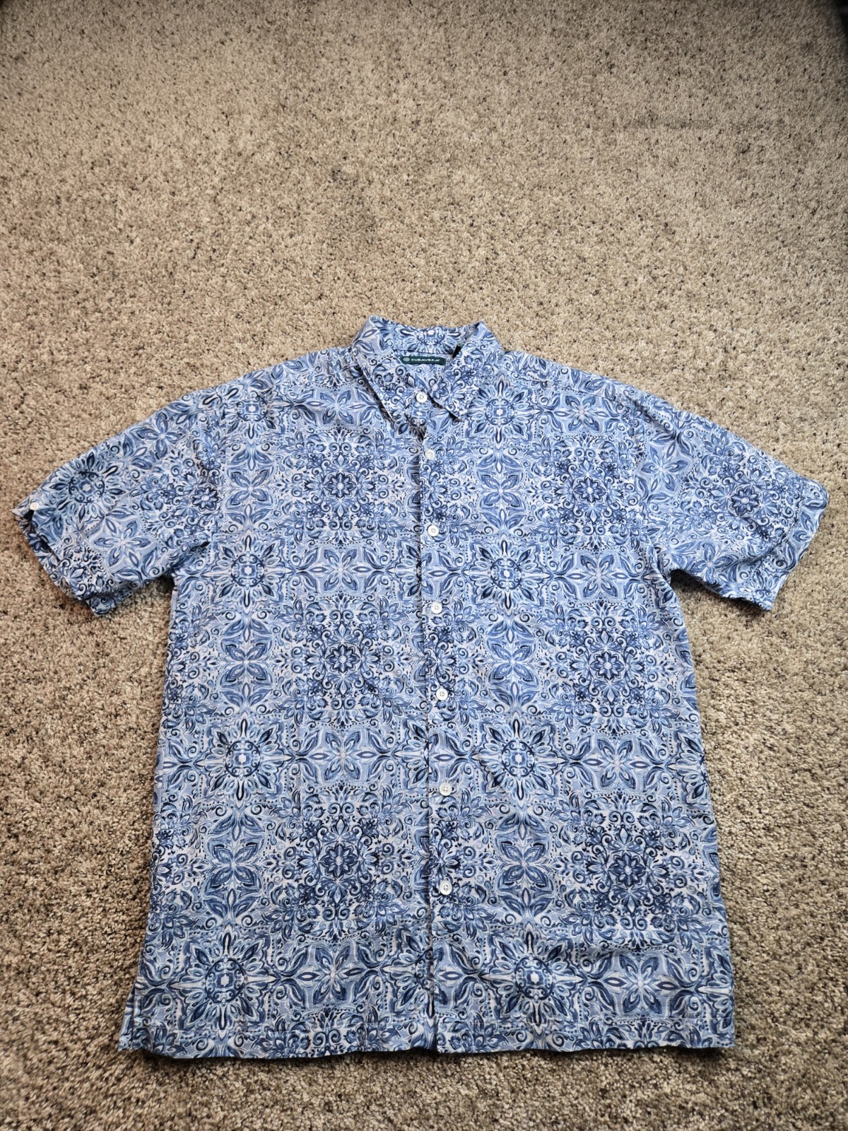 Cubavera Shirt Mens Medium Blue Floral Camp Shirt Linen Blend Short Sleeve
