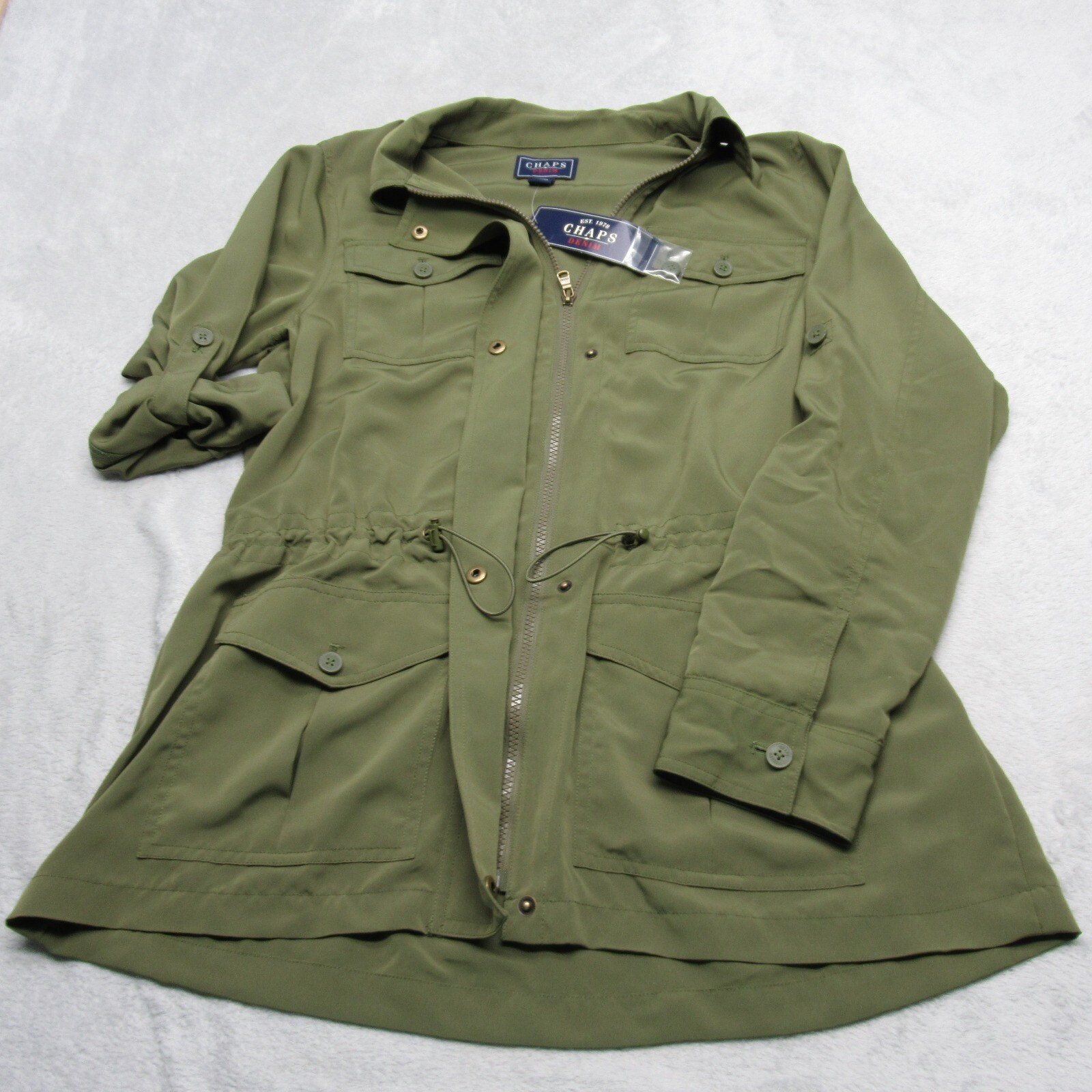 Chaps Denim Utility Jacket Womens Medium Green Lightweight Roll Tab Sleeve NEW