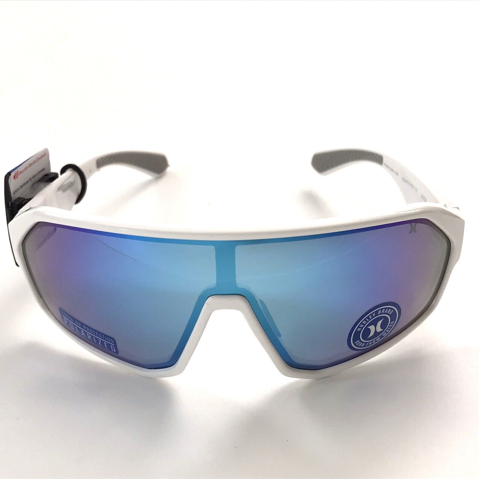 Hurley Men Polarized Shield Sunglasses White Frame Blue Mirror Lens 136 mm Juice