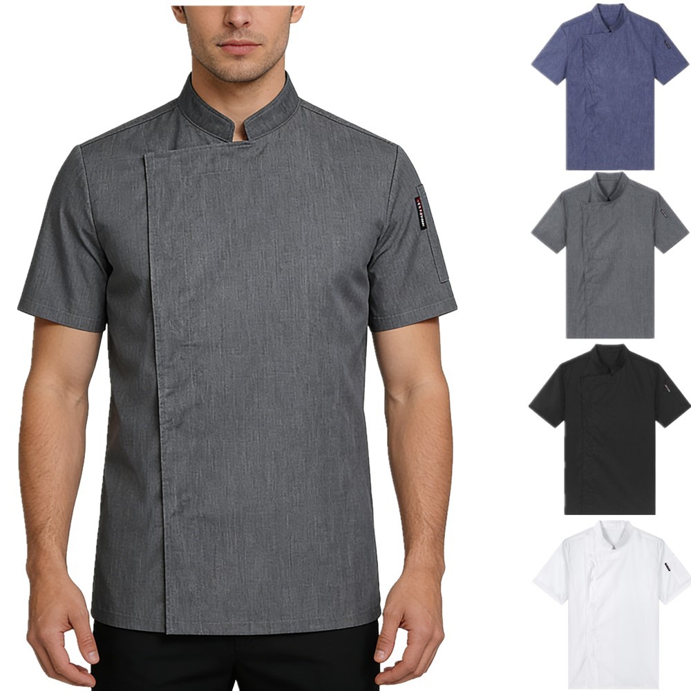 US Men Short Sleeve Chef Jacket Men’s Stand Collar Chef Coat Kitchen Uniform