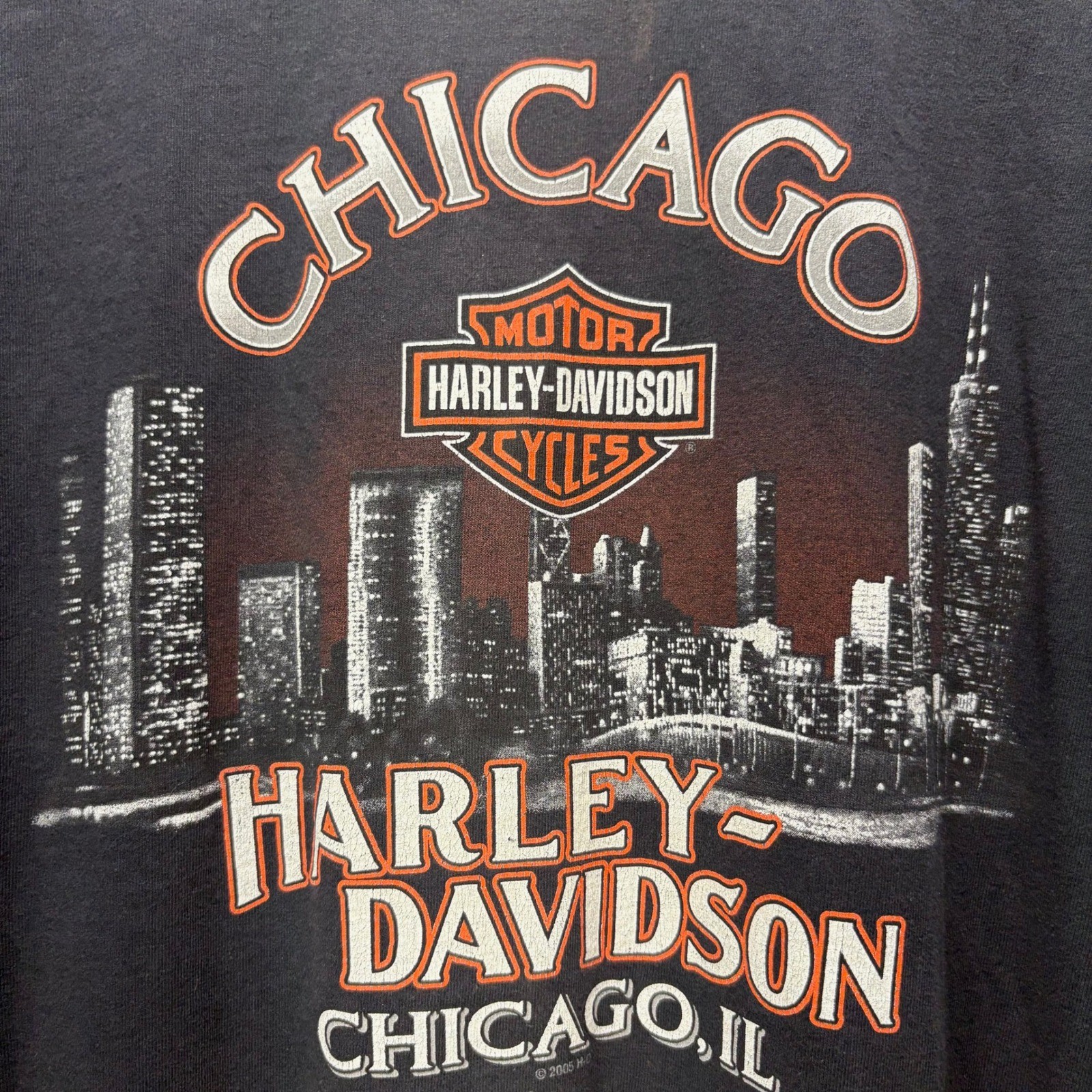 VTG 2005 Harley Davidson Chicago Skyline Flame Long Sleeve Graphic T Shirt Sz L