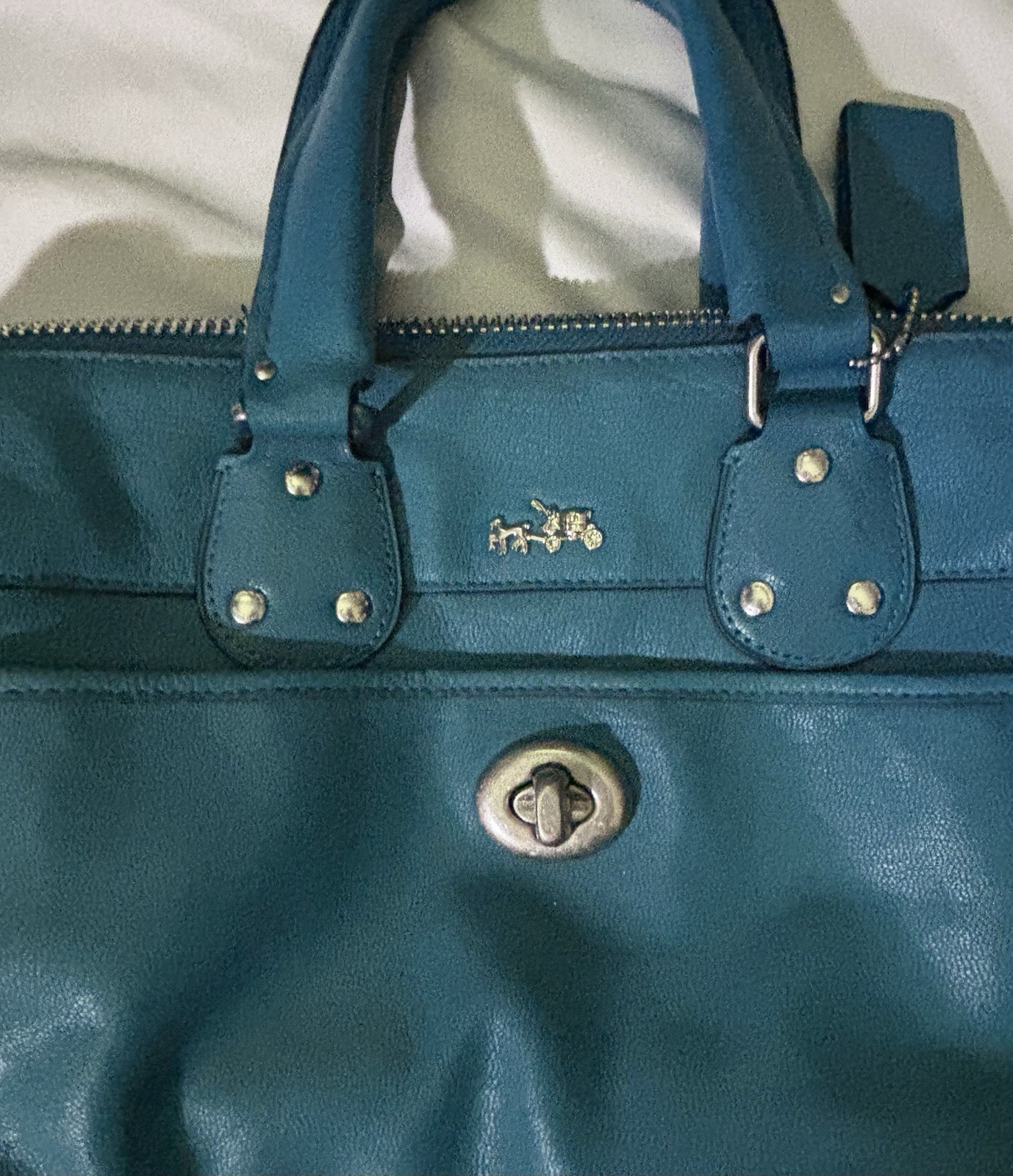 Coach Rhyder Turquoise Satchel Silver Hardware Studded Turn Lock